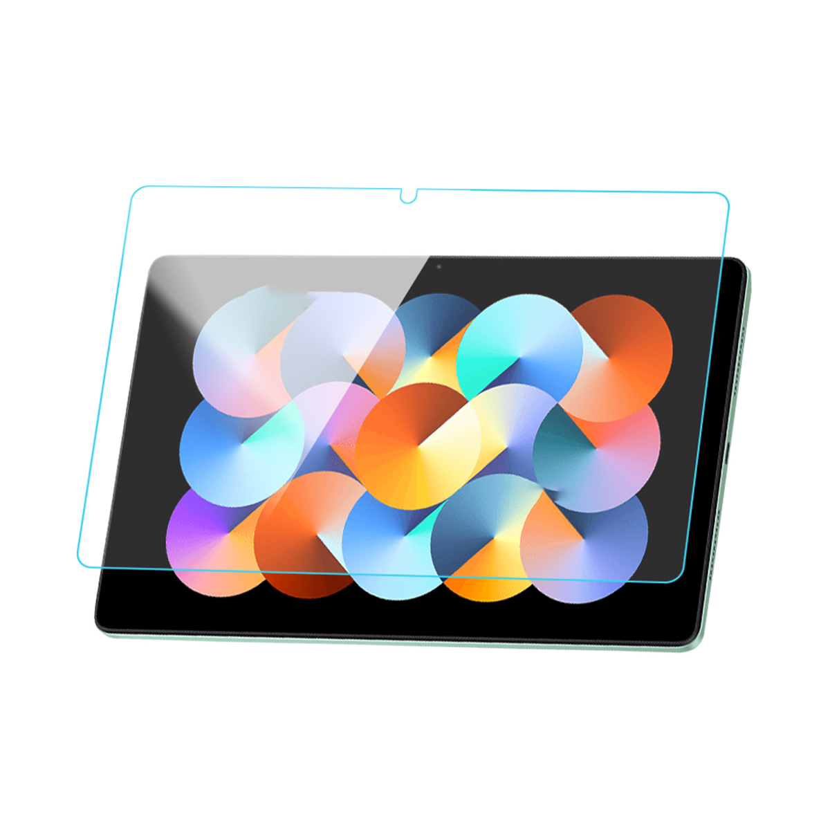 Tablet mit Displayschutzfolie. Tablet schwarz, Folie klar. Buntes Design auf dem Bildschirm.