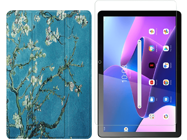 LOBWERK 2in1 Set (Schutzhülle + Schutzglas) Case Bookcover für Lenovo Tab M10 3. Generation 2022 TB-328F 10.1 Zoll Kunstleder, Mehrfarbig