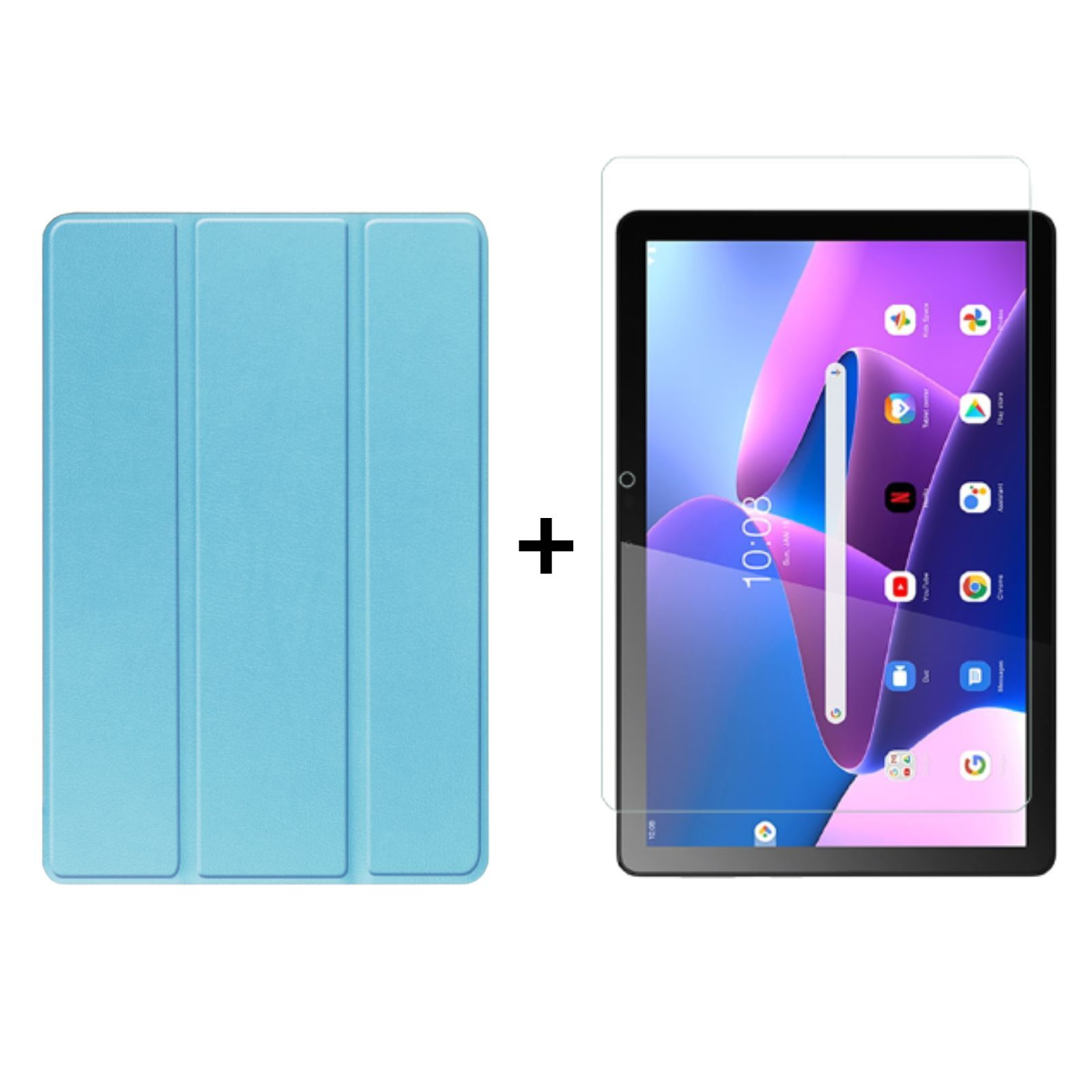 Ein Tablet und eine blaue Hülle daneben und eine Displayschutzfolie. Der Tablet-Bildschirm zeigt eine Benutzeroberfläche.
