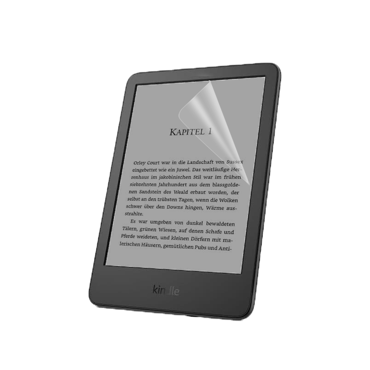 Schwarzer Kindle E-Reader. Der Bildschirm zeigt Text aus einem Buch.