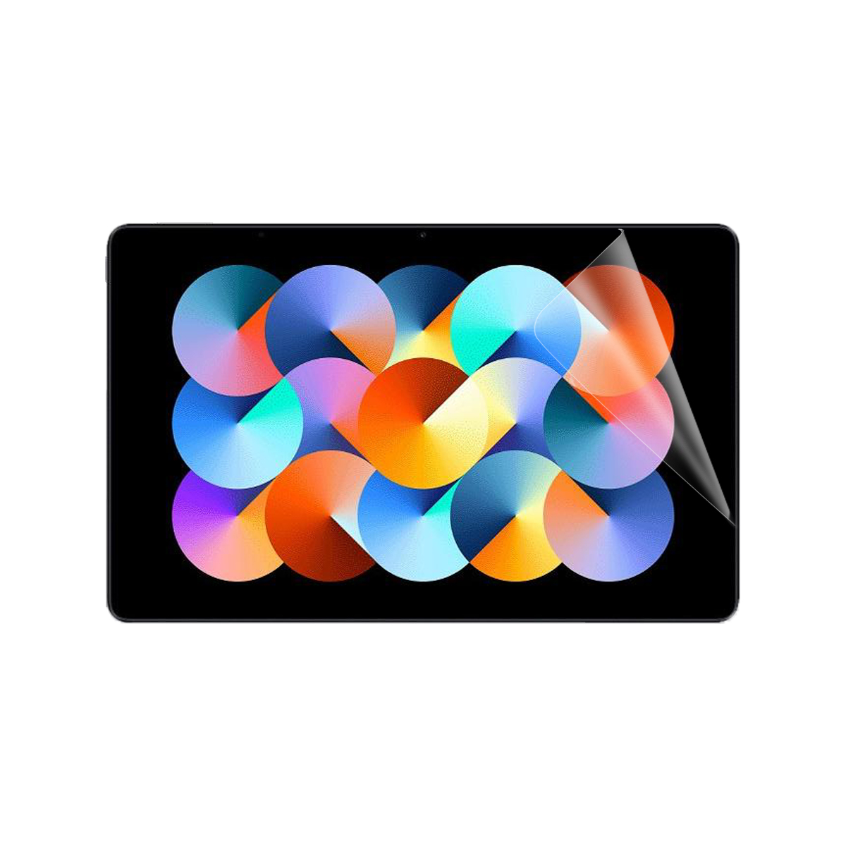 Tablet mit buntem, abstraktem Hintergrund. Displayschutzfolie ist auf dem Tablet. Weißer Hintergrund.