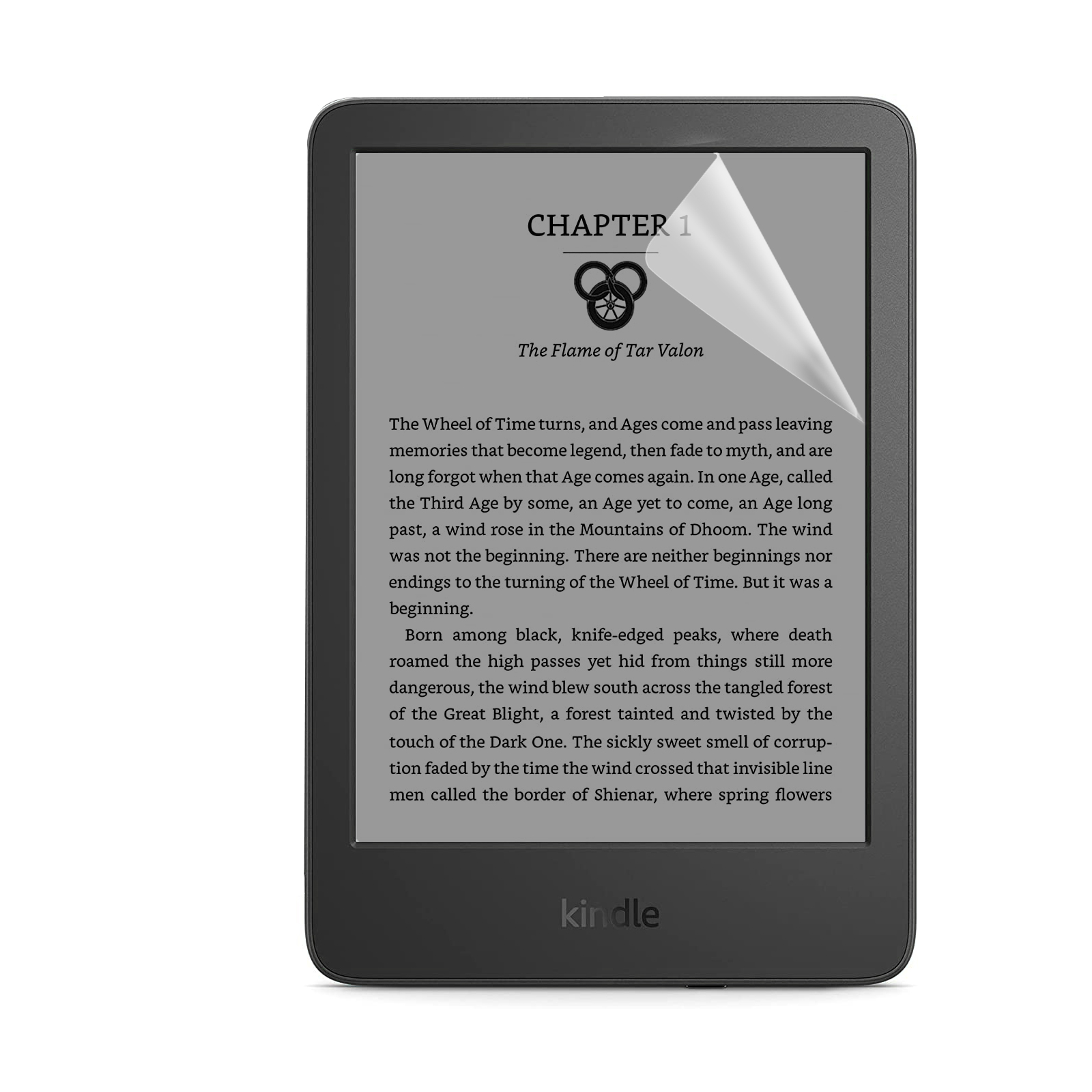 Ein schwarzes Kindle ist geöffnet und zeigt Text an. Der Buchtitel lautet "The Flame of Tar Valon".