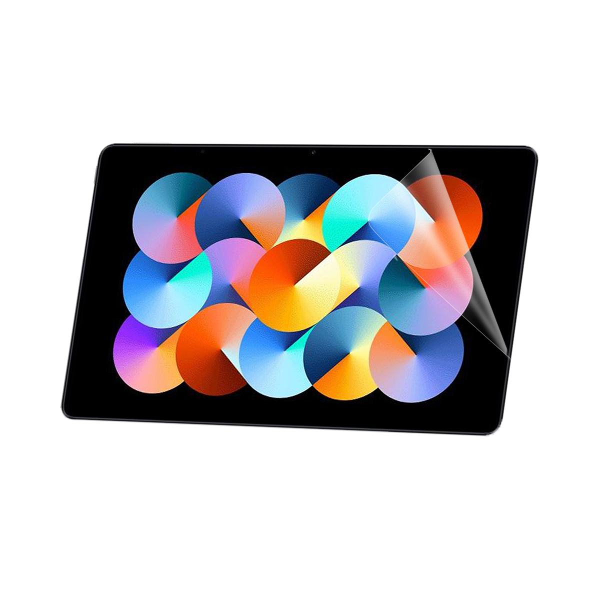 Schwarzer Tablet-Bildschirm mit farbenfrohem, abstrakten Design. Displayschutzfolie angebracht.