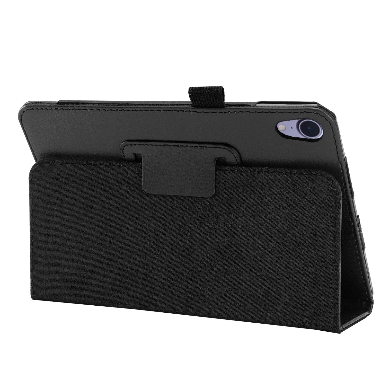 Eine schwarze Tablethülle, geöffnet, um ein Tablet anzuzeigen. Die Hülle hat einen Riemen, um das Tablet zu sichern.
