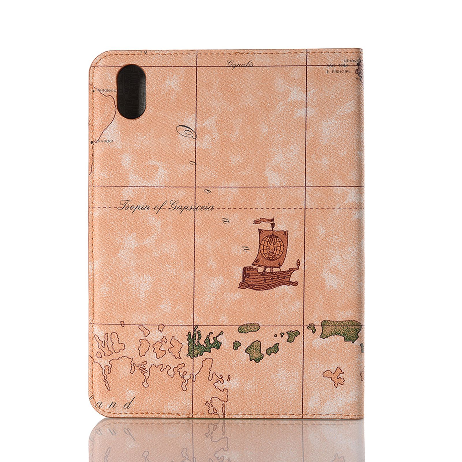 Tablet-Hülle mit Kartendesign. Ein Boot und eine Windrose sind sichtbar.