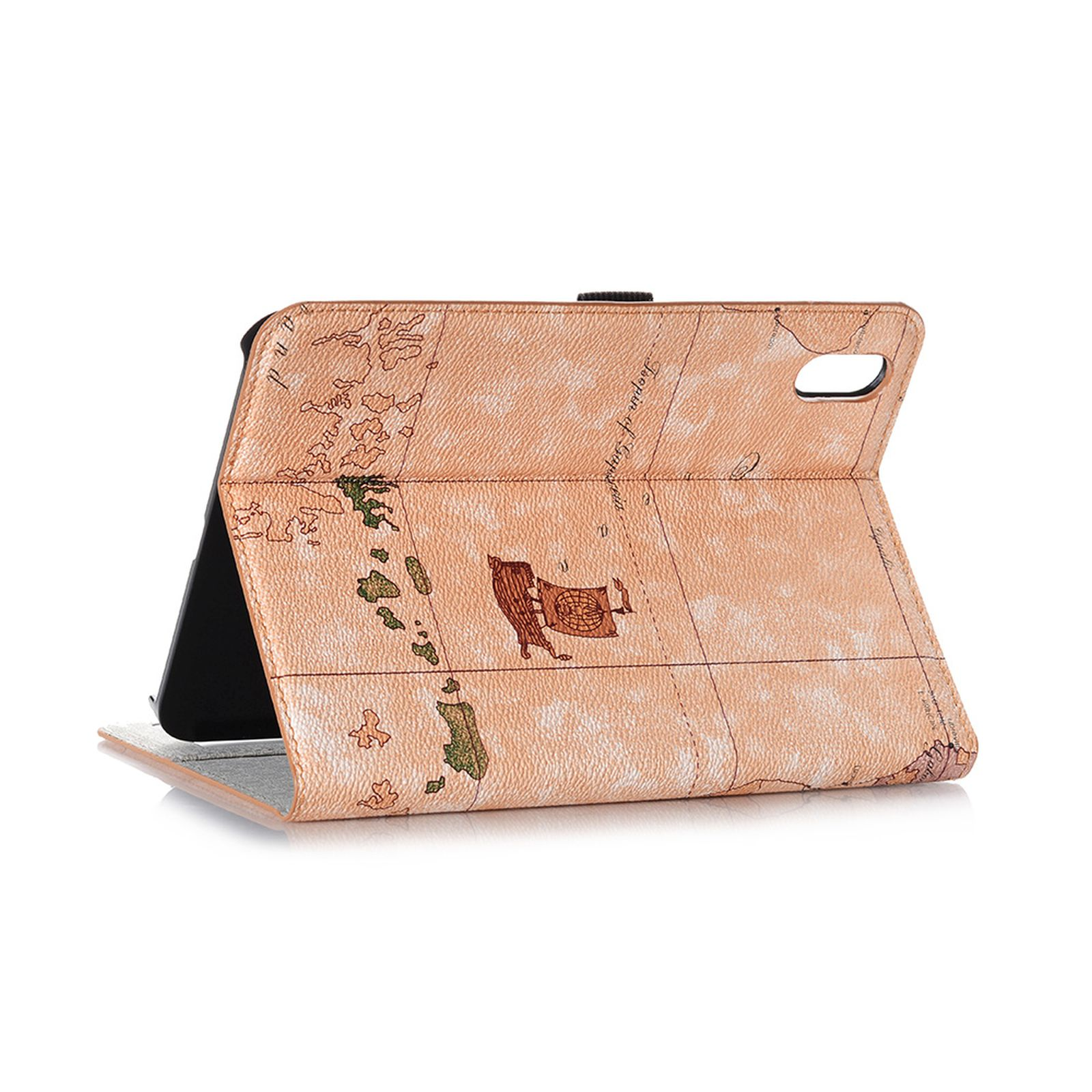 Tablethülle mit Kartendesign, offen, zeigt ein Tablet.