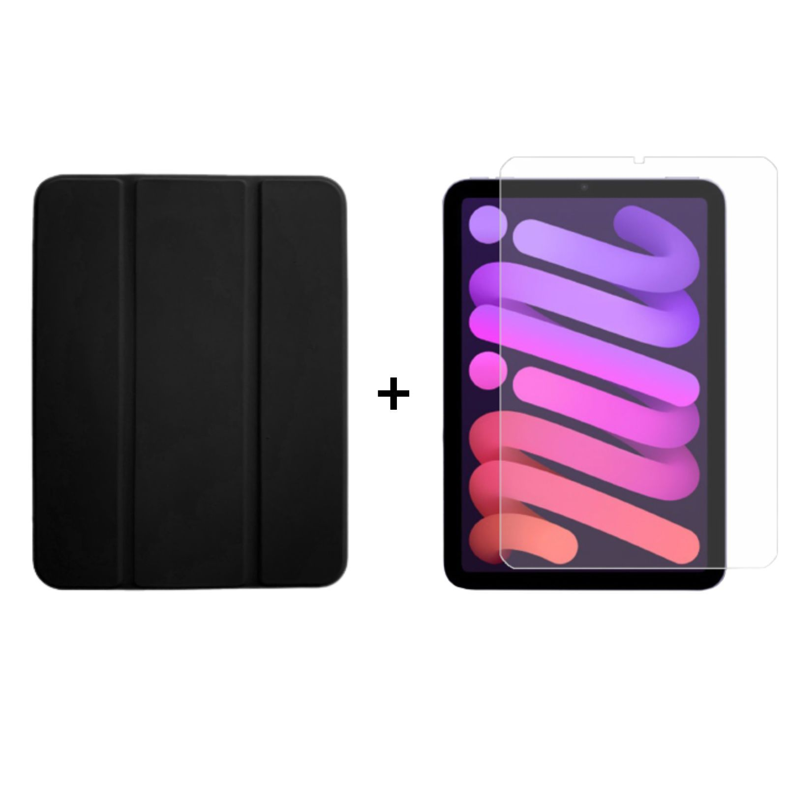 Schwarze Tablethülle und Tablett-Displayschutz. Das Tablet ist schwarz.
