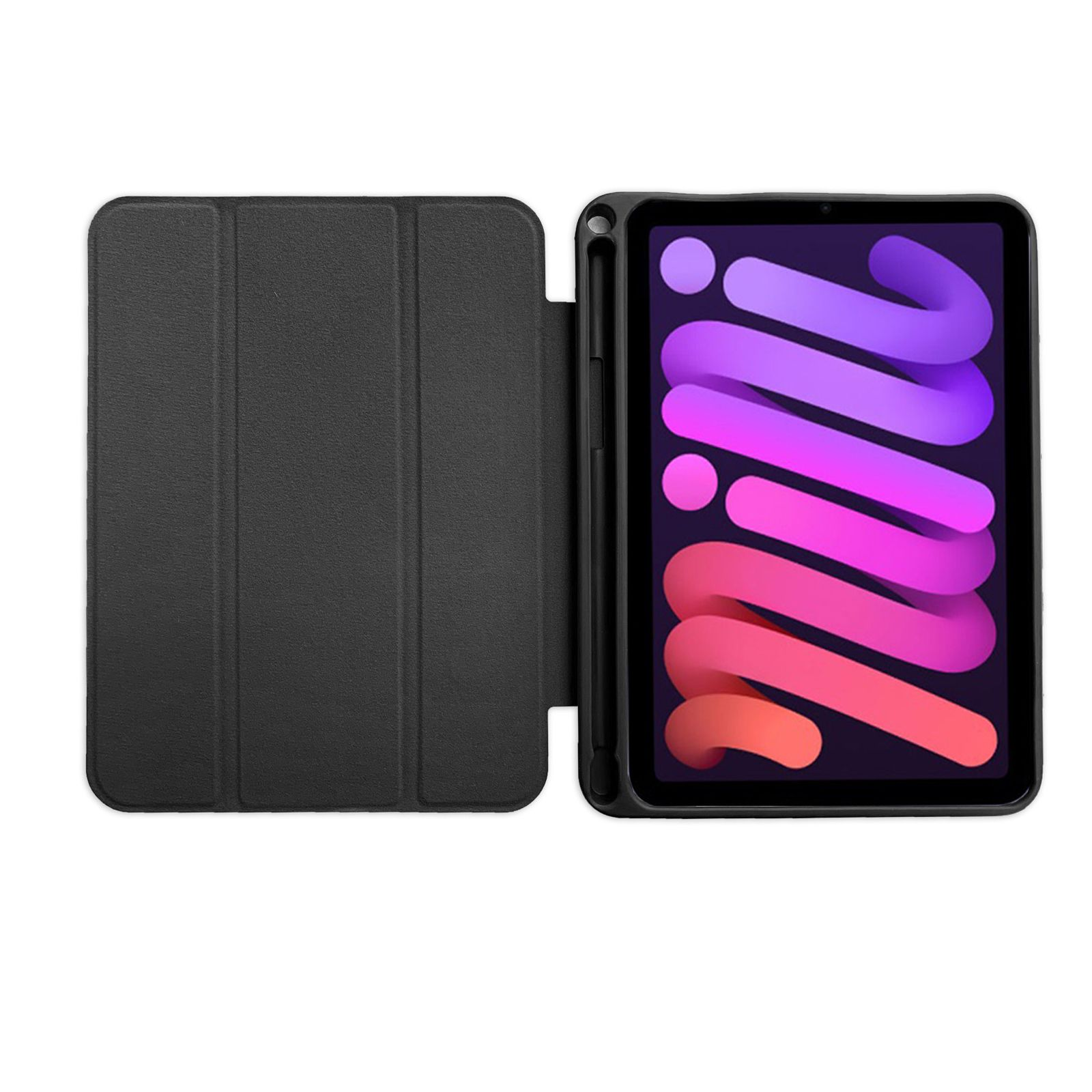 Schwarze Tablethülle. Geöffnete Hülle zeigt einen lila-roten Bildschirm. Das Tablet befindet sich in der Hülle.