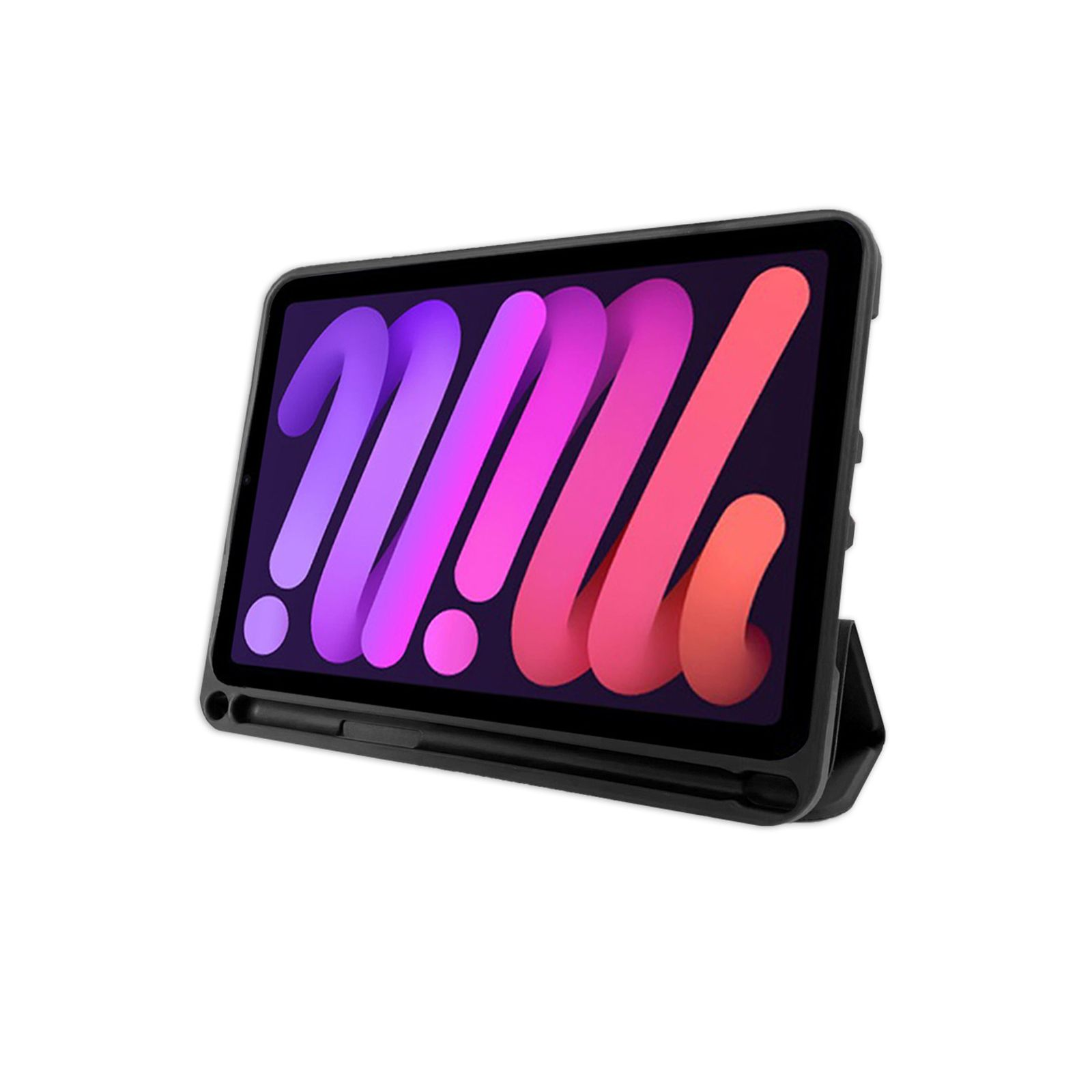 Ein schwarzes Tablet mit farbenfroher Anzeige. Das Tablet befindet sich in einer schwarzen Hülle mit integriertem Ständer und Stifthalter.