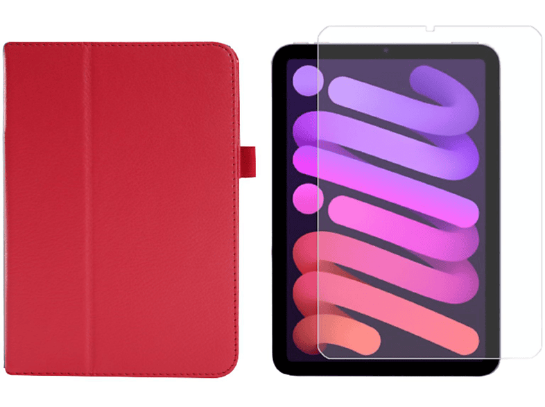 LOBWERK 2in1 Set (Schutzhülle + Schutzglas) Case Bookcover für Apple IPad Mini 6 2021 8.3 Zoll Kunstleder, Rot