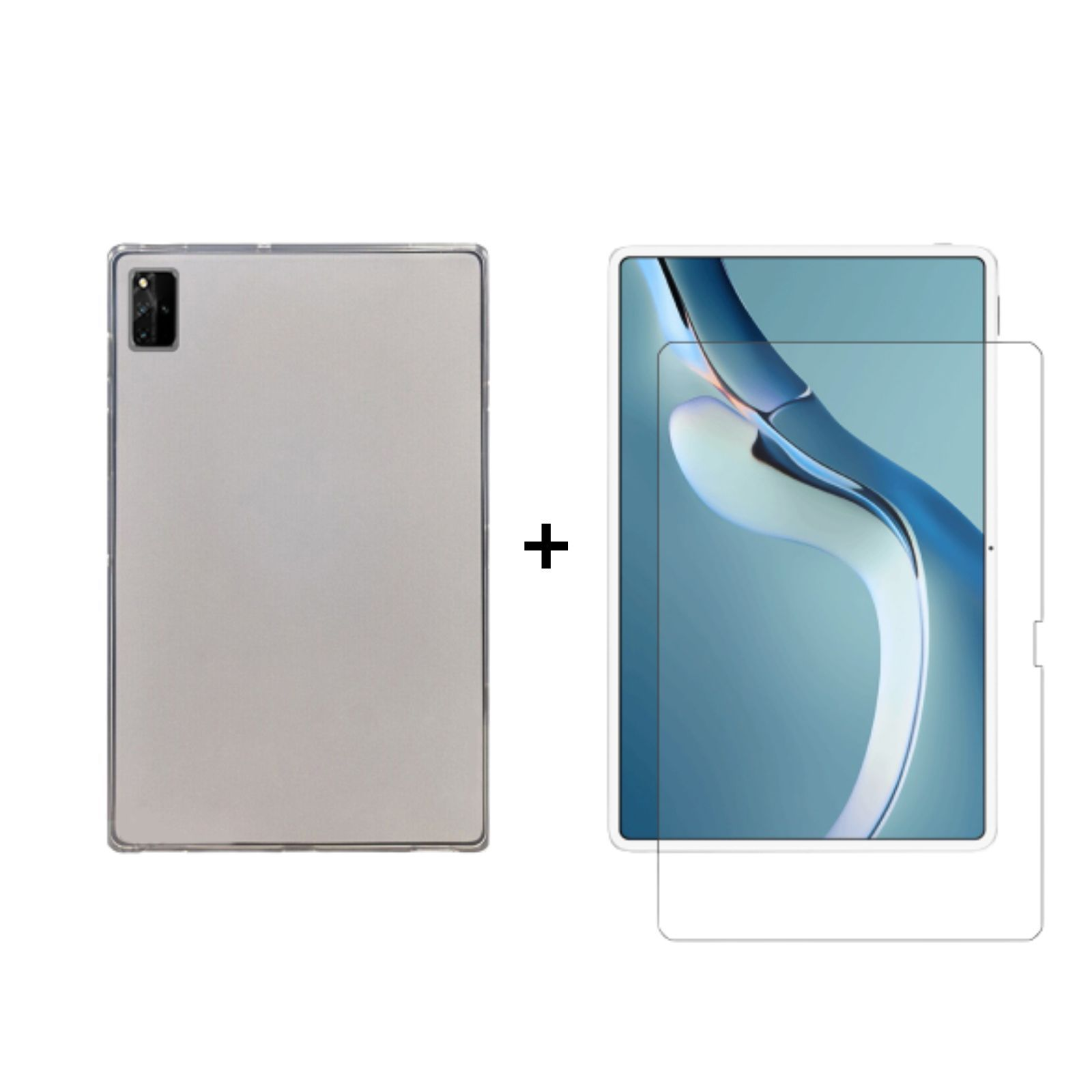 Eine transparente Tablethülle und ein Tablet mit blauem Bildschirm.