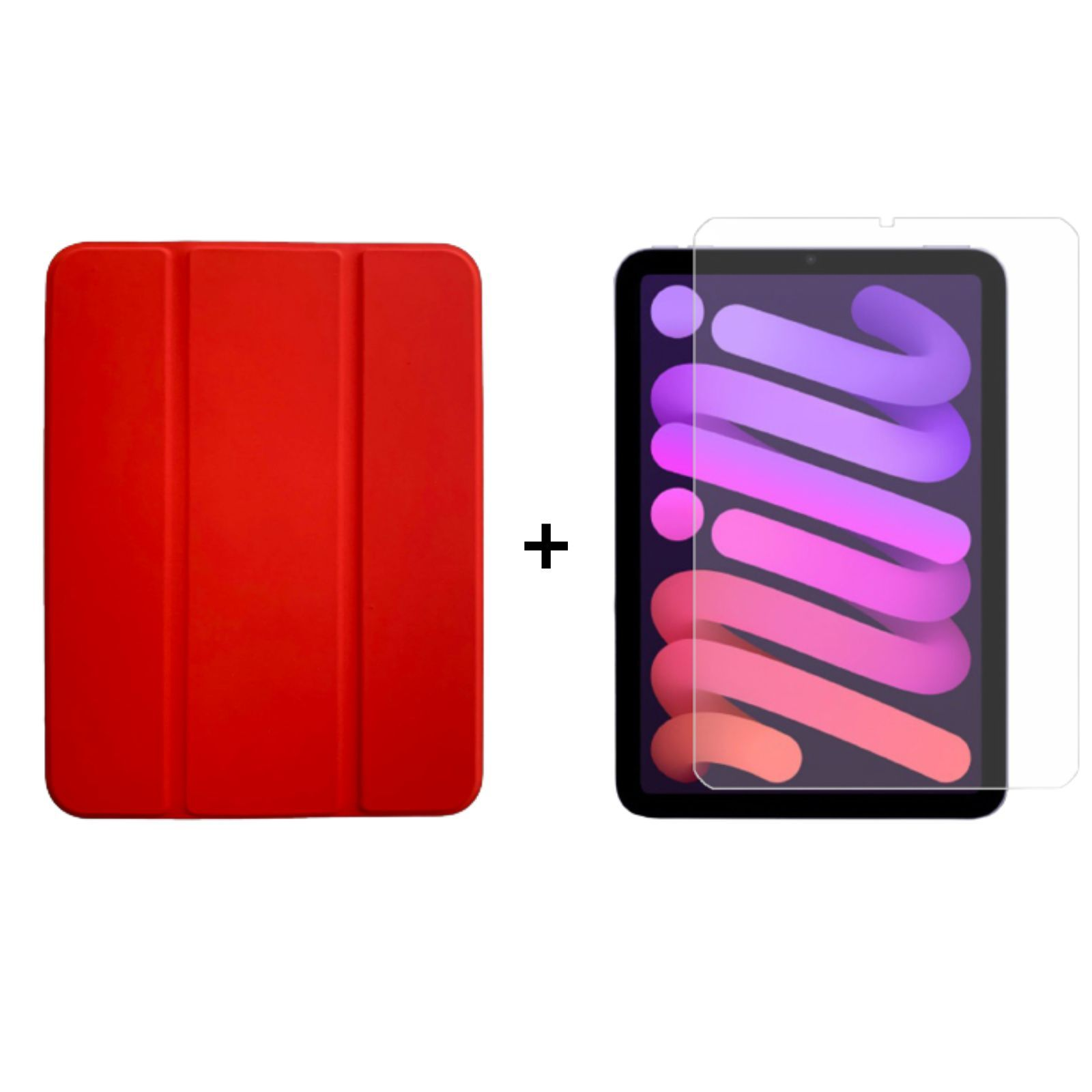 Rote Hülle und Displayschutzfolie für ein Tablet. Pluszeichen zwischen Hülle und Displayschutzfolie.