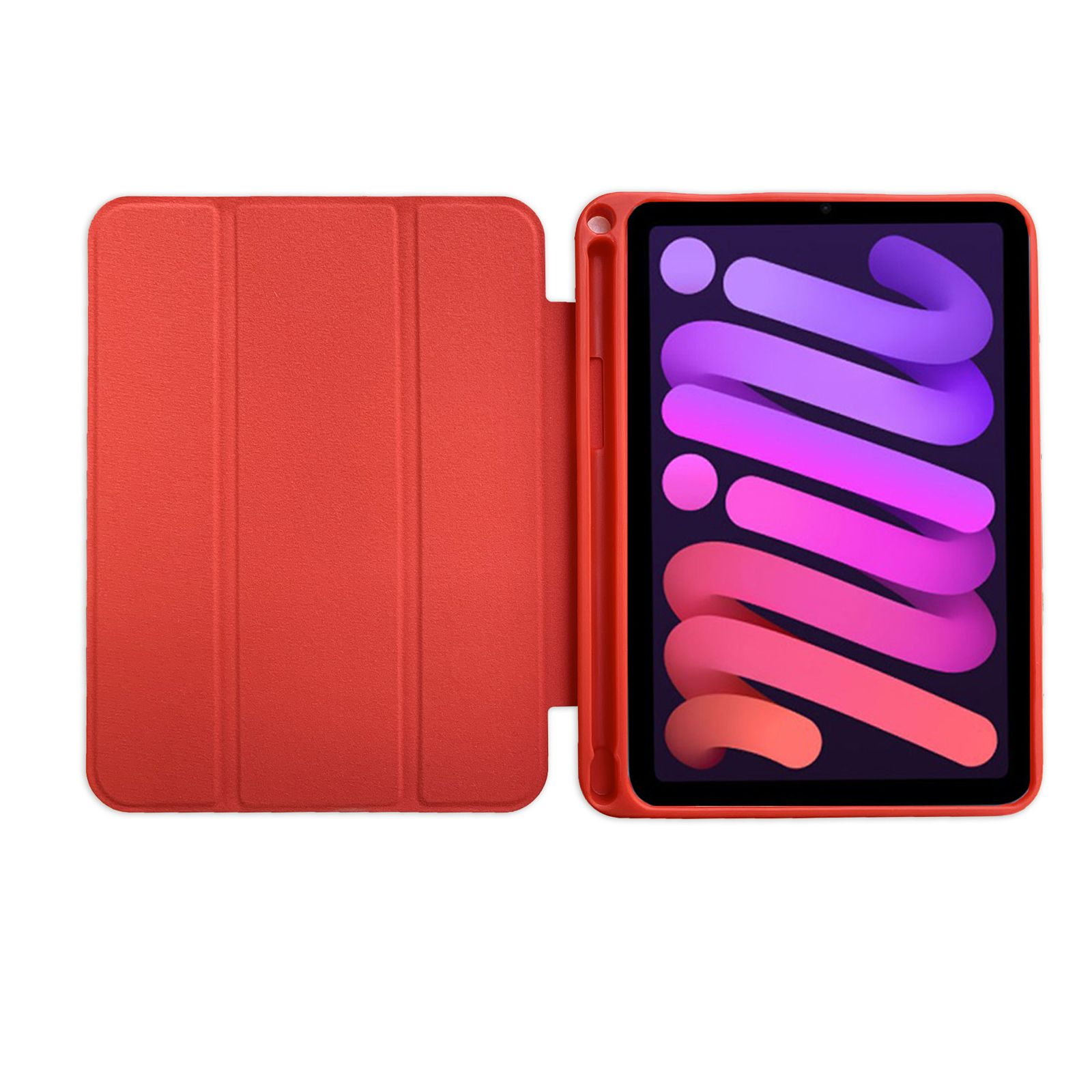 Rotes Tablet mit roter Hülle. Der Bildschirm zeigt ein farbenfrohes Design.