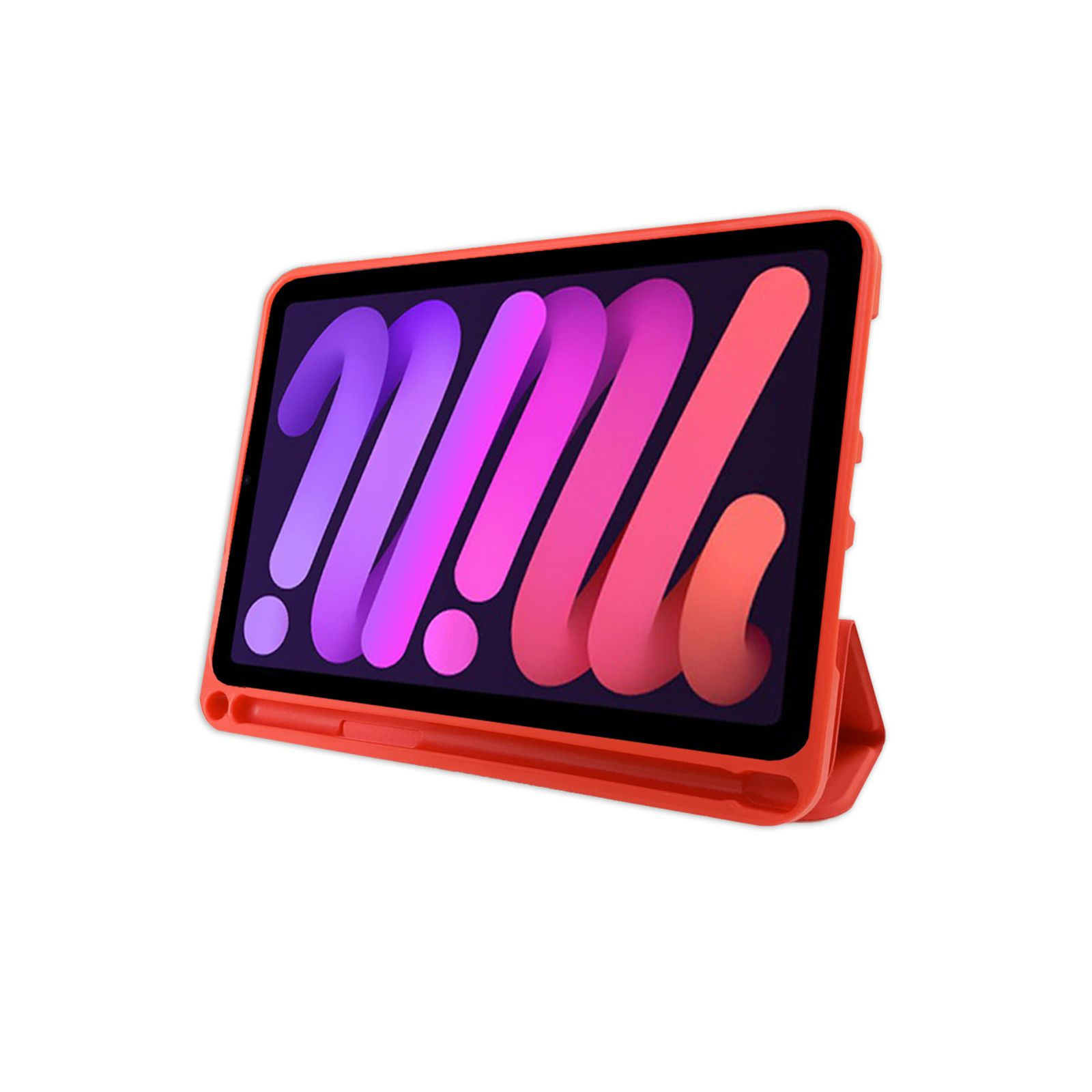 Orangefarbenes Tablet in einer orangefarbenen Hülle. Der Bildschirm zeigt ein farbenfrohes Design.