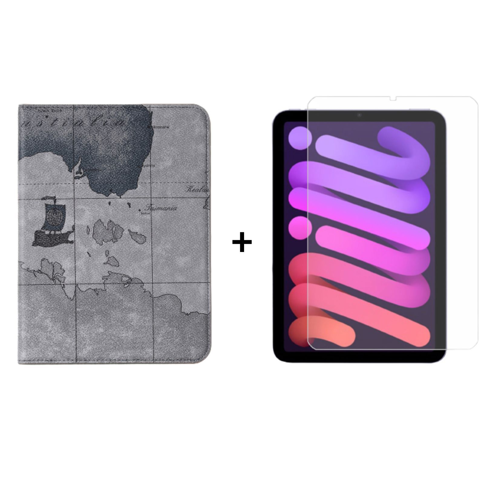 Tablet mit grauer Kartenhülle und Displayschutzfolie auf weißem Hintergrund.