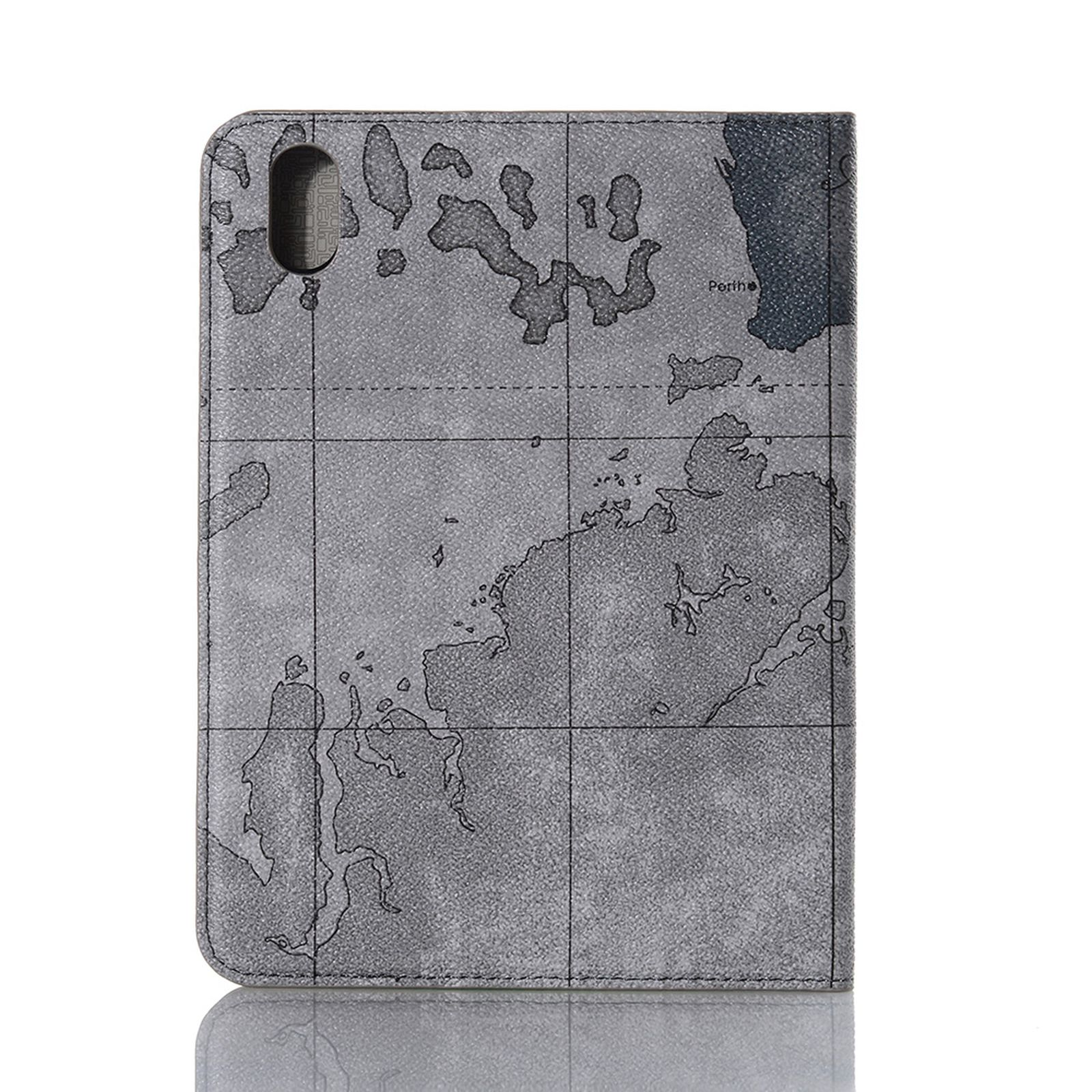 Eine graue Tablethülle mit Weltkarten-Design, die eine Vintage-Ästhetik zeigt.
