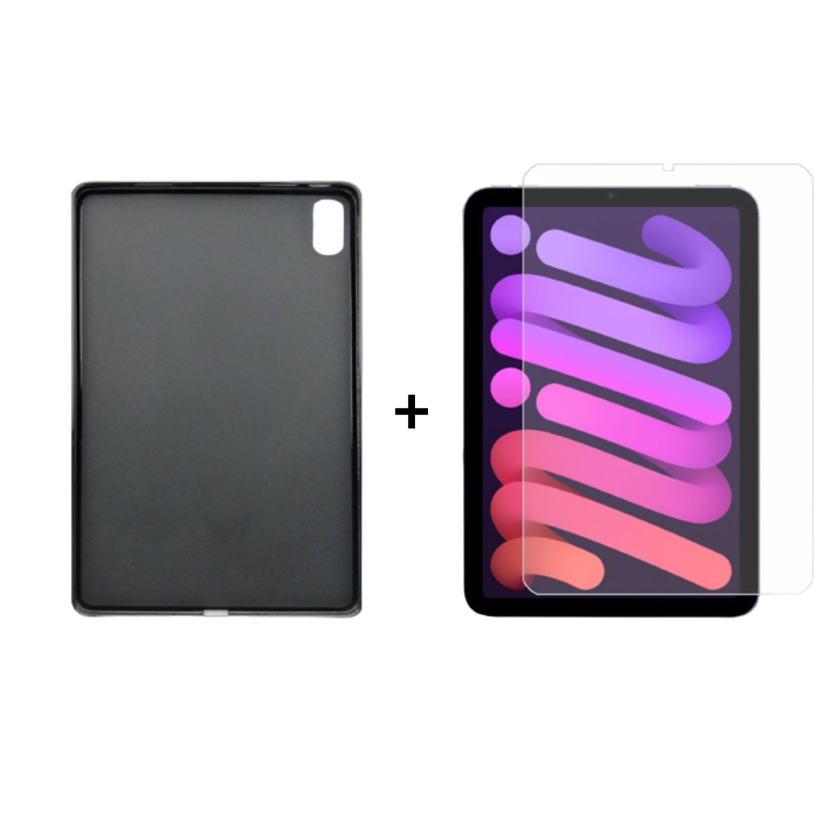 Eine schwarze Tablet-Hülle und eine Displayschutzfolie. Die Displayschutzfolie befindet sich auf einem Tablet.