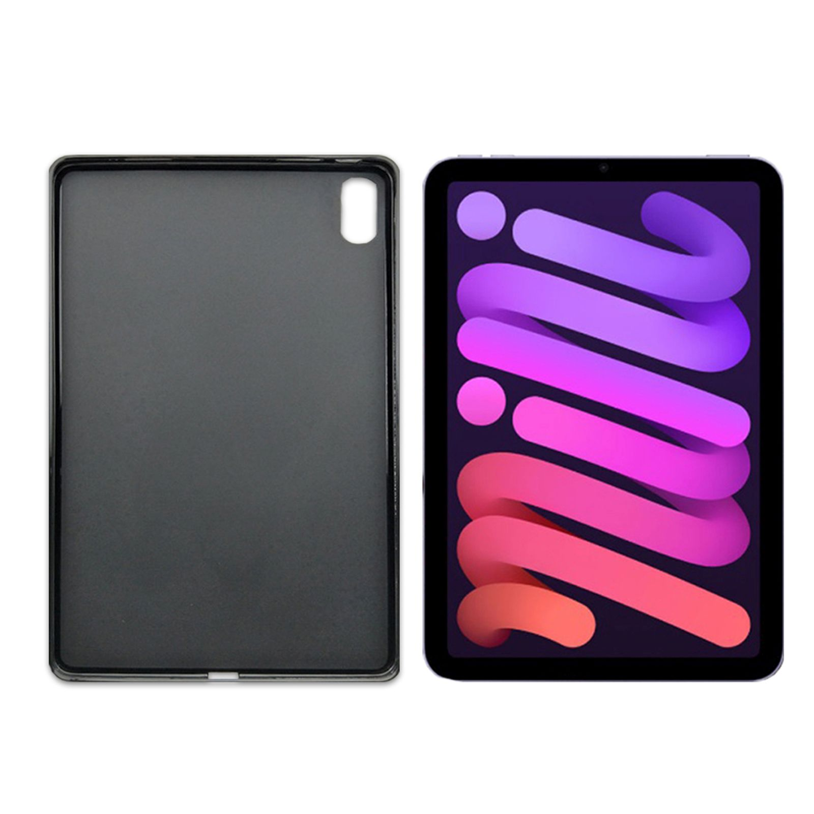 Zwei Tablets, eines in einer schwarzen Hülle, das andere mit einem farbenfrohen abstrakten Hintergrund.