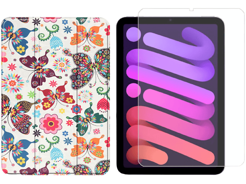 LOBWERK 2in1 Set (Schutzhülle + Schutzglas) Case Bookcover für Apple IPad Mini 6 2021 8.3 Zoll Kunstleder, Mehrfarbig