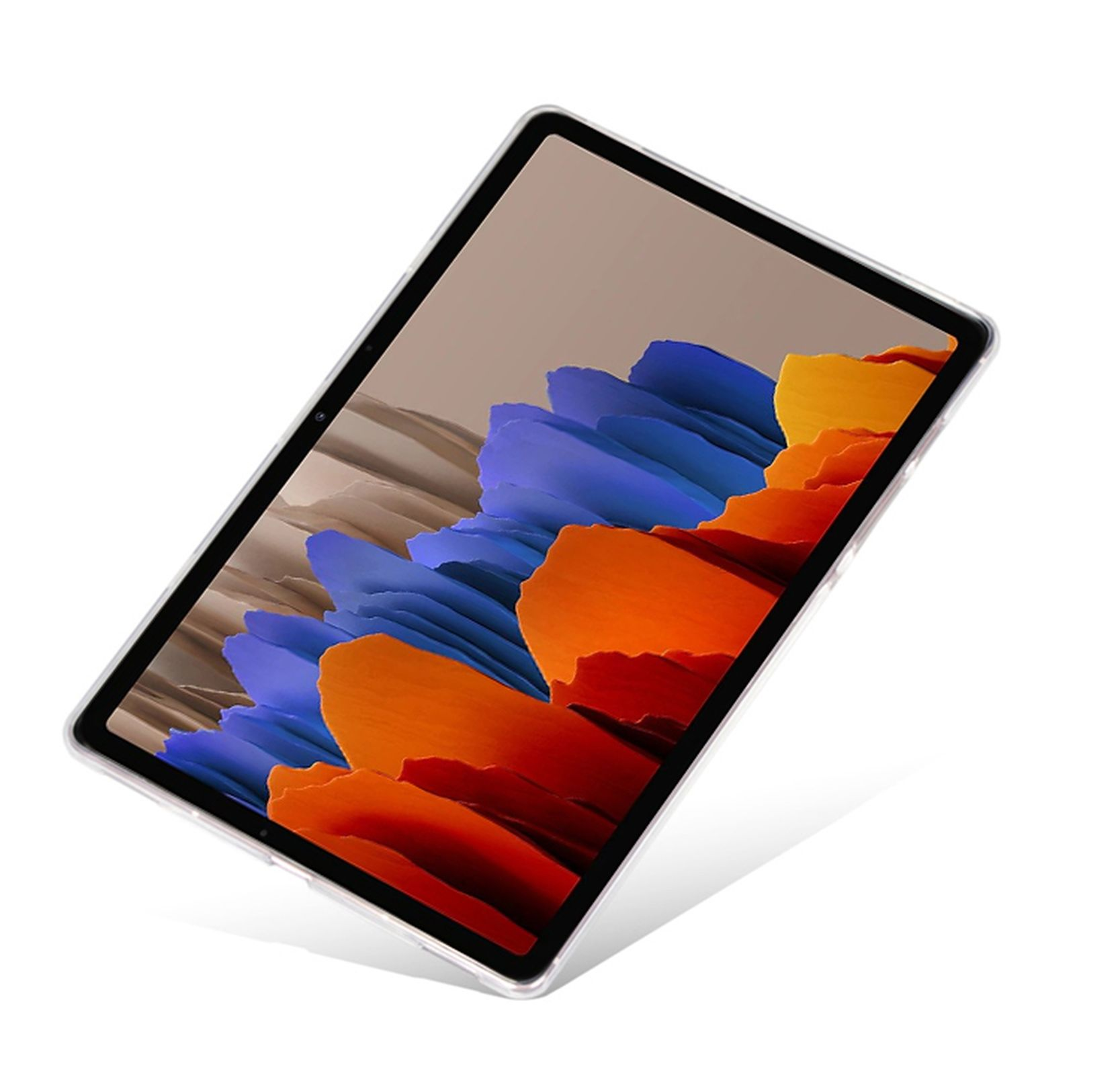 Tablet mit farbenfrohem Bild auf dem Display. Weißer Hintergrund.