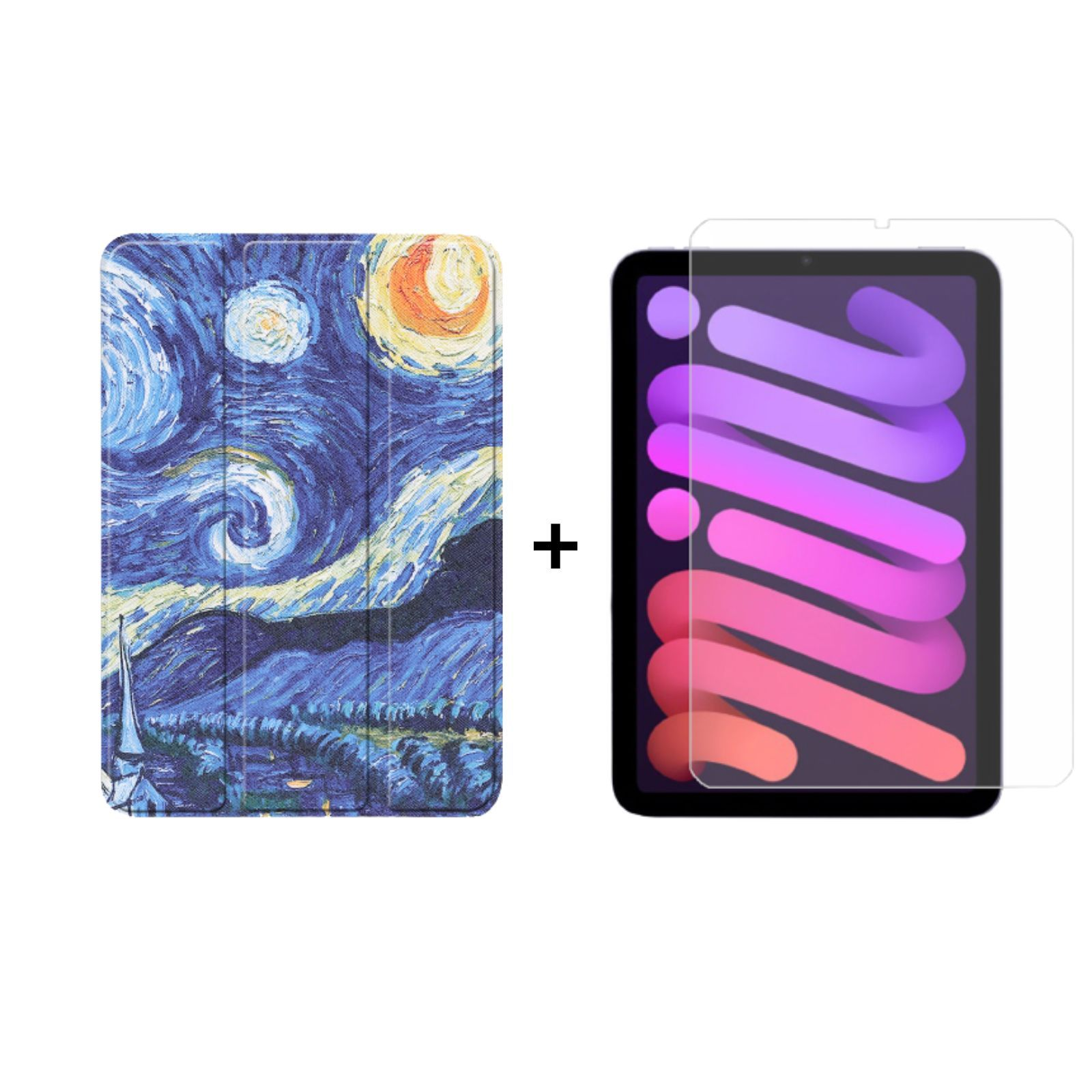 iPad-Hülle mit Sternennacht-Design und ein iPad mit Displayschutz.