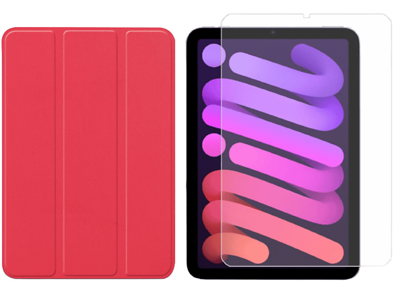 LOBWERK 2in1 Set (Schutzhülle + Schutzglas) Case Bookcover für Apple IPad Mini 6 2021 8.3 Zoll Kunstleder, Rot
