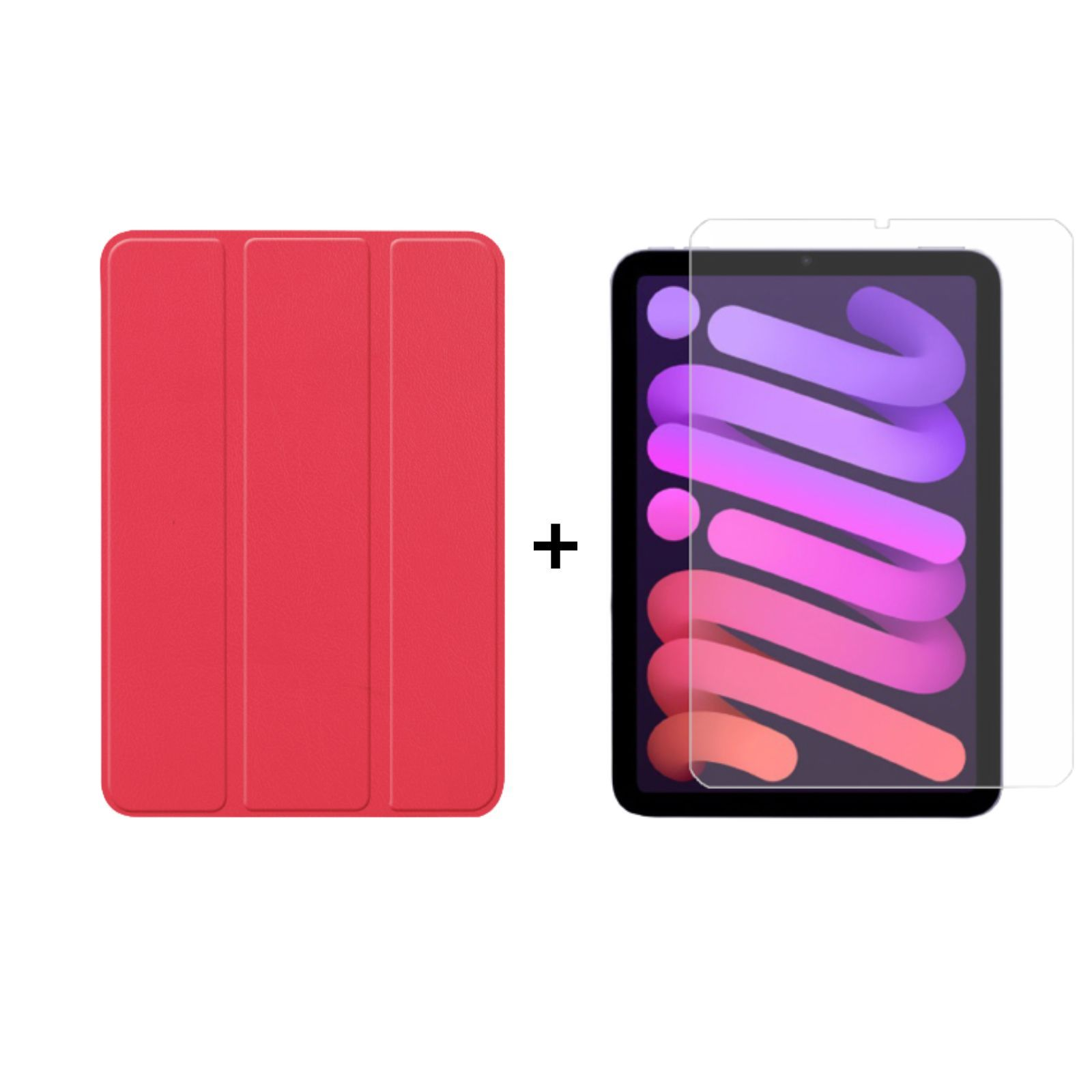 Rote Tablet-Hülle und ein Tablet mit Displayschutz. Weißer Hintergrund.