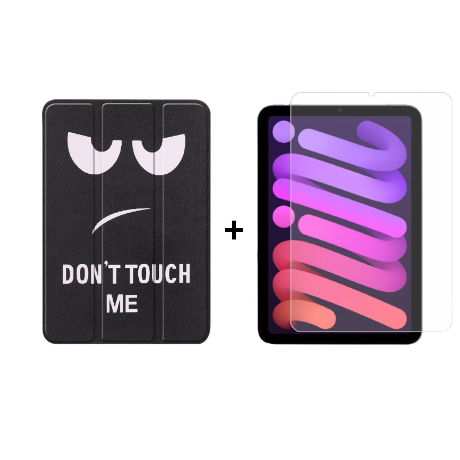Eine schwarze Tablet-Hülle mit einem weißen, wütenden Gesicht, mit einem Tablet und Displayschutz.