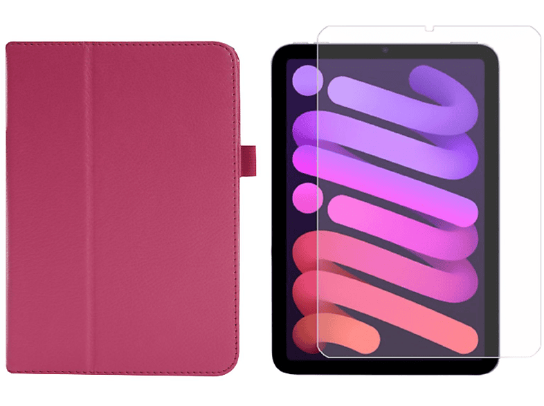 LOBWERK 2in1 Set (Schutzhülle + Schutzglas) Case Bookcover für Apple IPad Mini 6 2021 8.3 Zoll Kunstleder, Pink