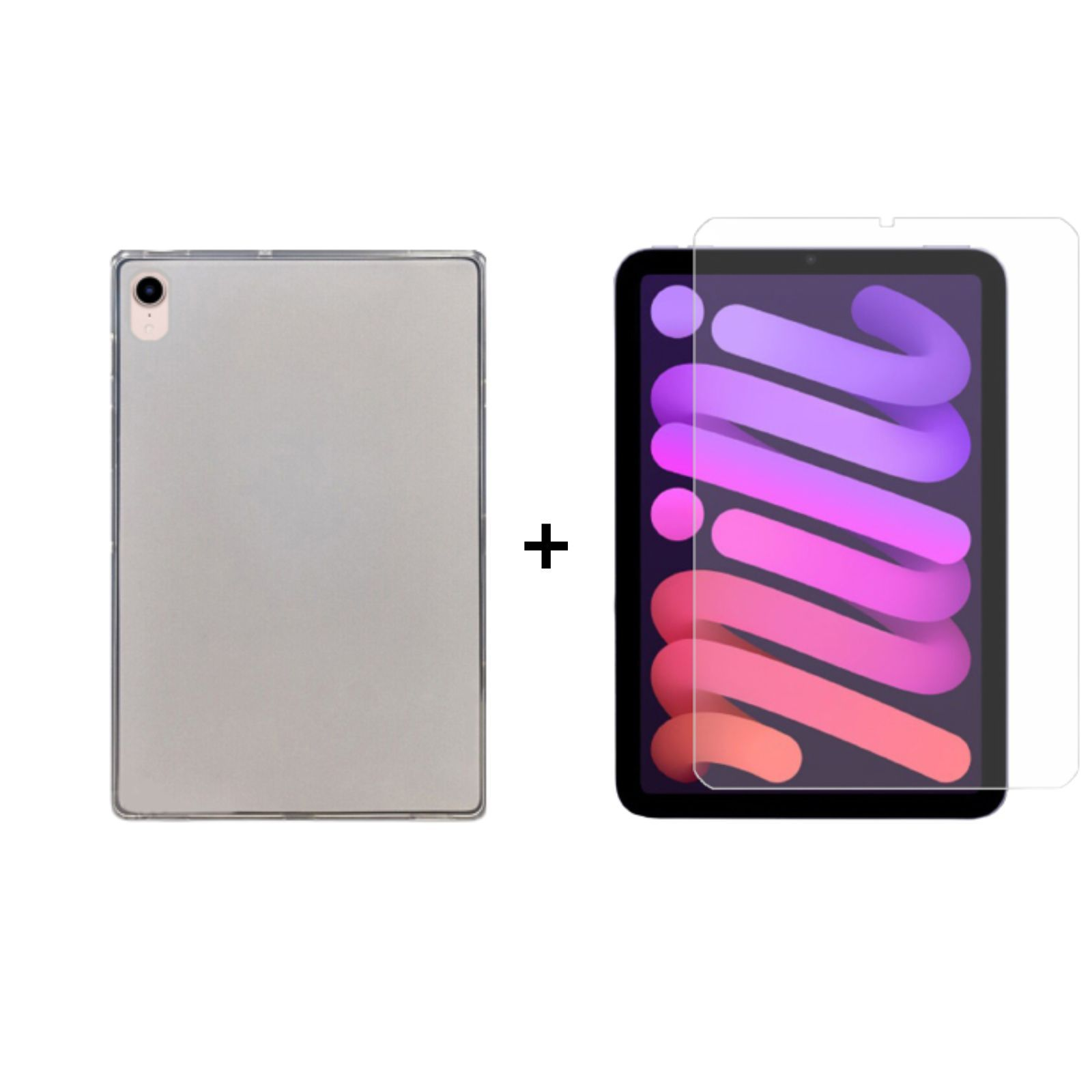 Ein Tablet mit Hülle und Displayschutz. Die Hülle ist silber, das Tablet ist schwarz.