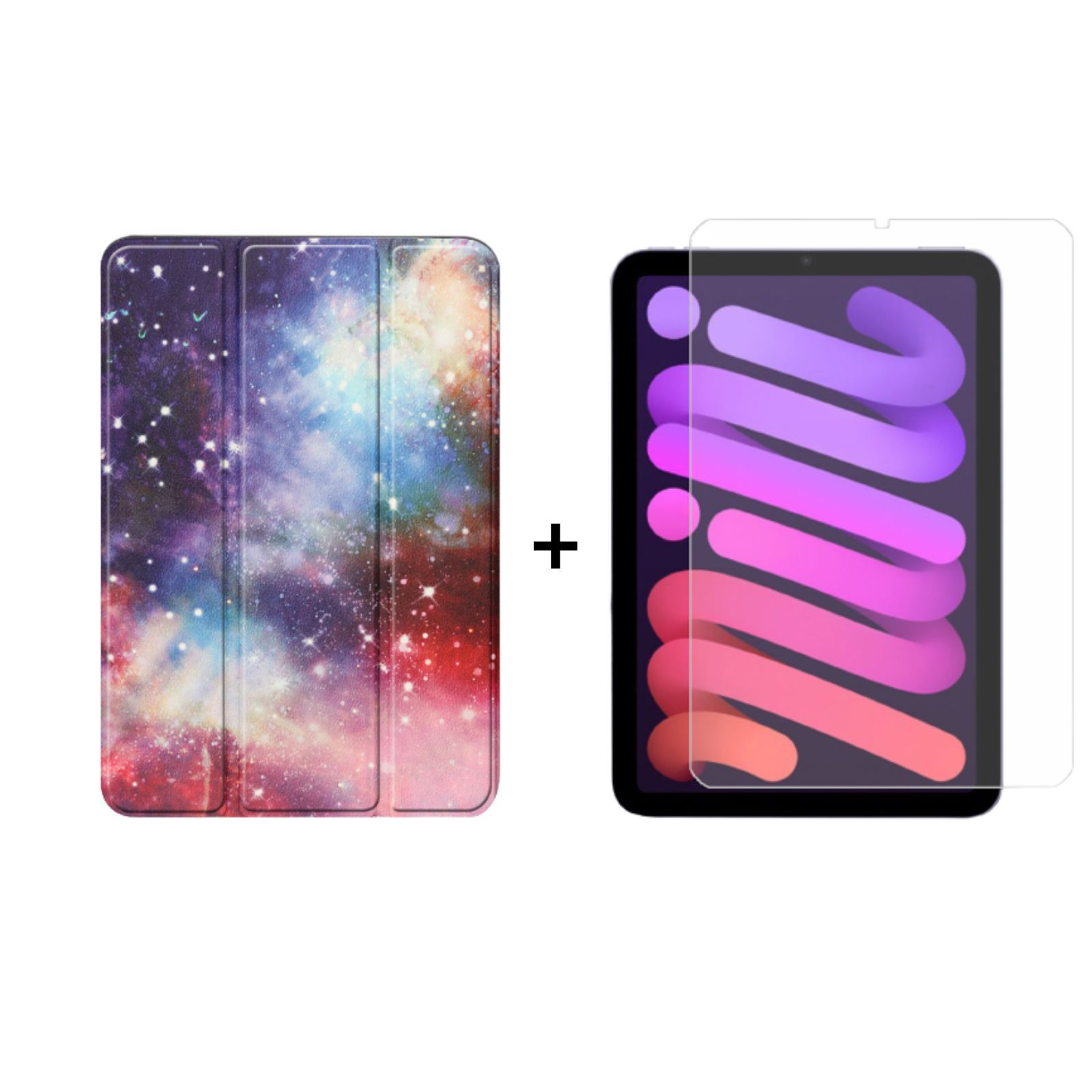 Tablet-Hülle im Galaxie-Design neben Tablet mit Displayschutz. Weißer Hintergrund.