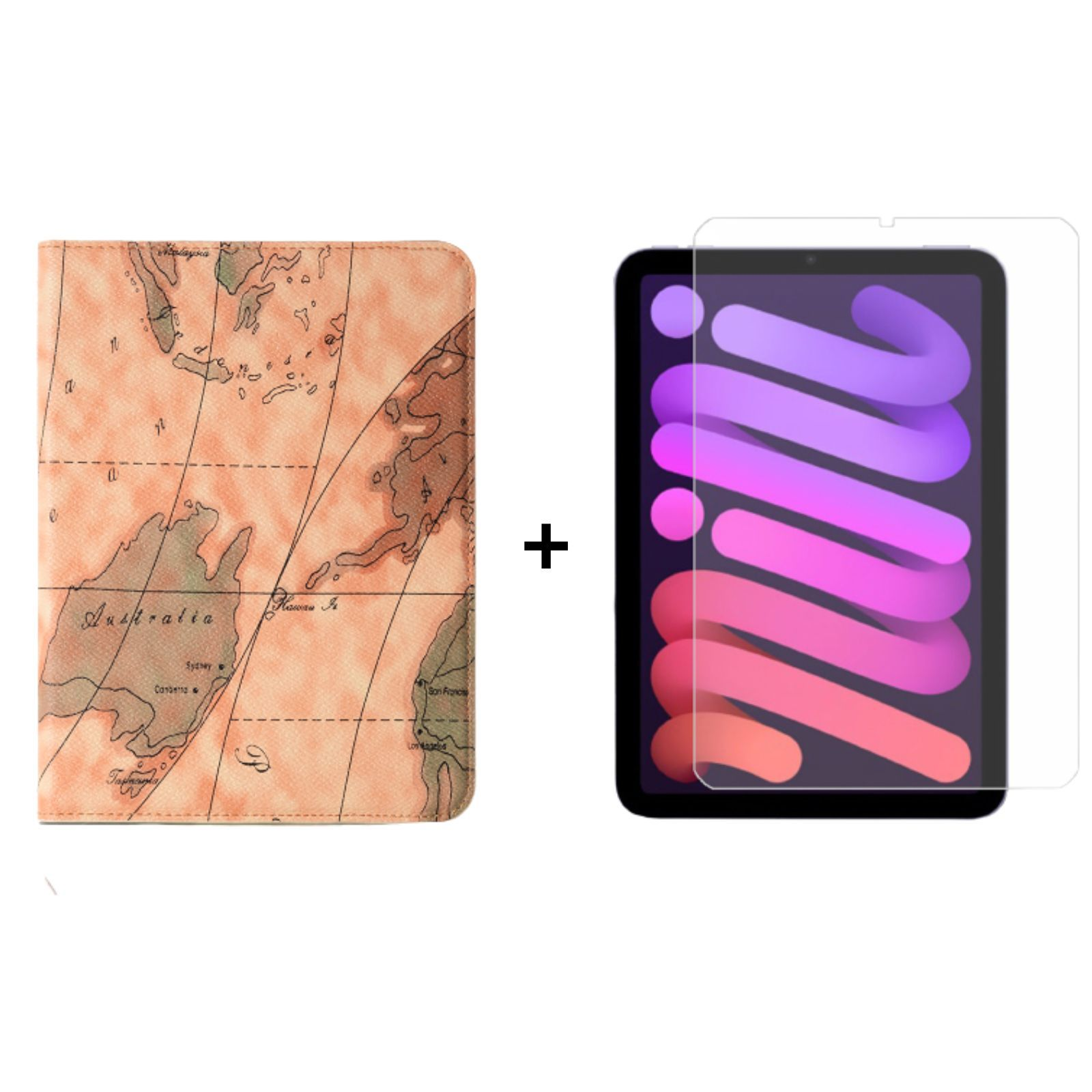 Tablet und Hülle mit Weltkarten-Design und Displayschutz.