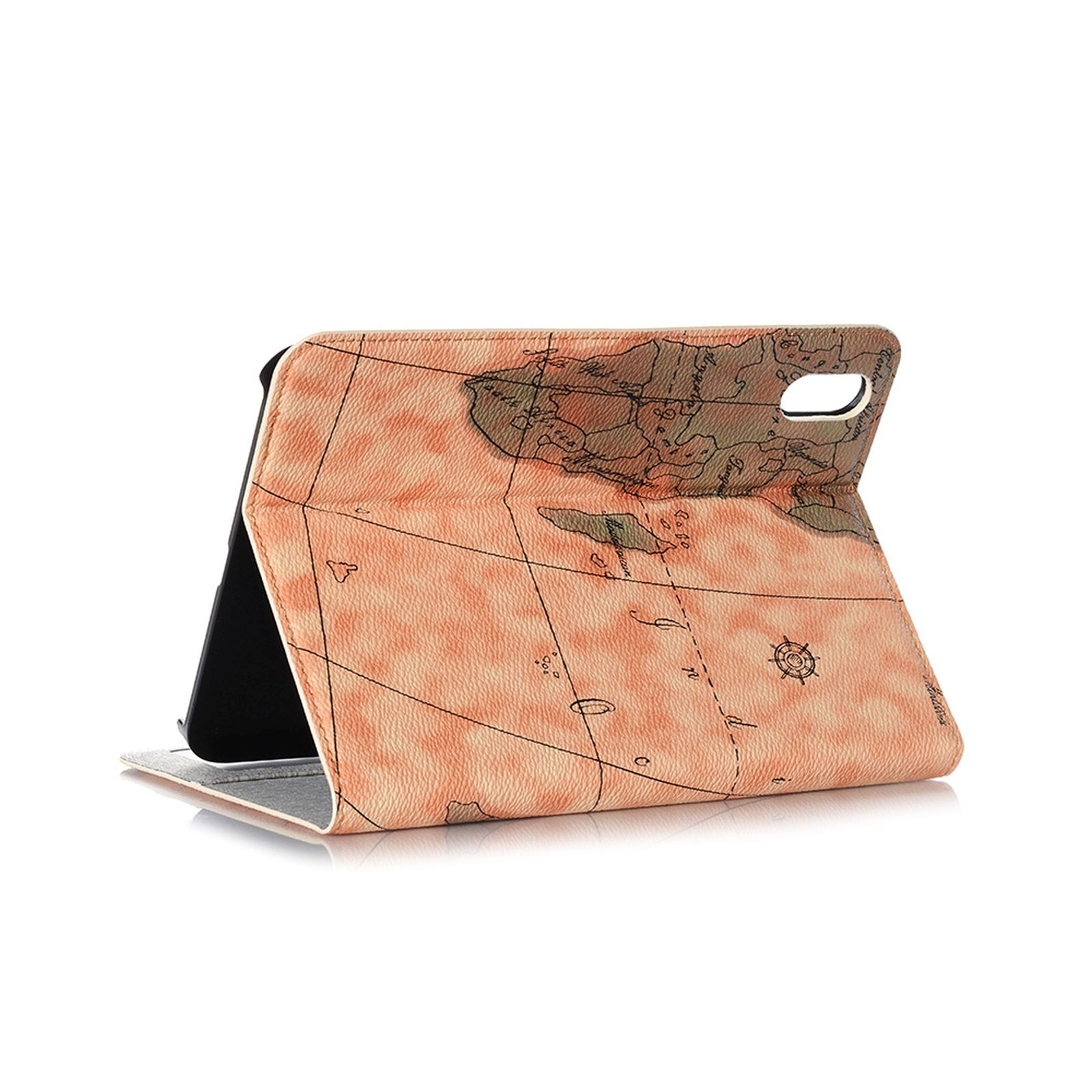 Eine braune Tablettasche mit einem Kartendesign darauf, geöffnet, um das Tablet im Inneren zu zeigen.