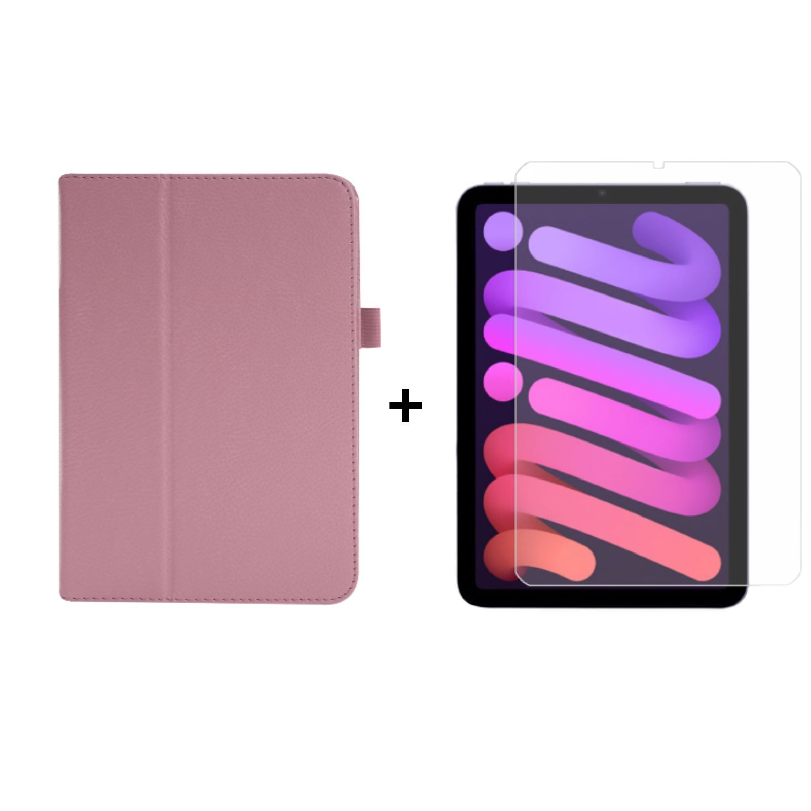 Eine rosa Tablet-Hülle und ein Tablet mit Displayschutzfolie, vor weißem Hintergrund platziert.