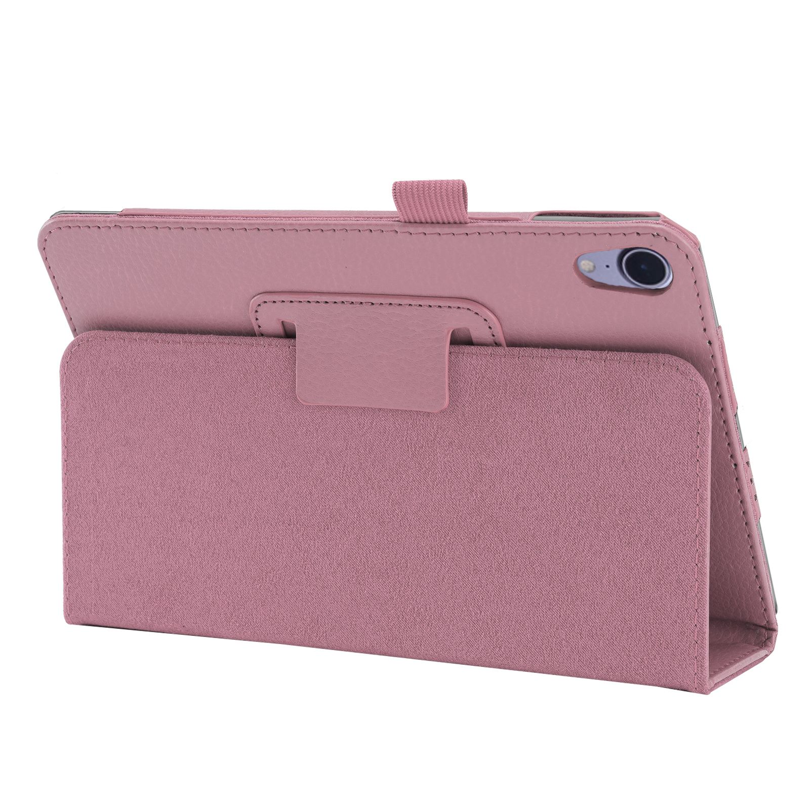Tablethülle geöffnet, Rückseite eines Tablets mit rosa Abdeckung zeigend.