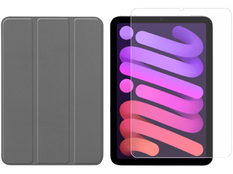LOBWERK 2in1 Set (Schutzhülle + Schutzglas) Case Bookcover für Apple IPad Mini 6 2021 8.3 Zoll Kunstleder, Grau