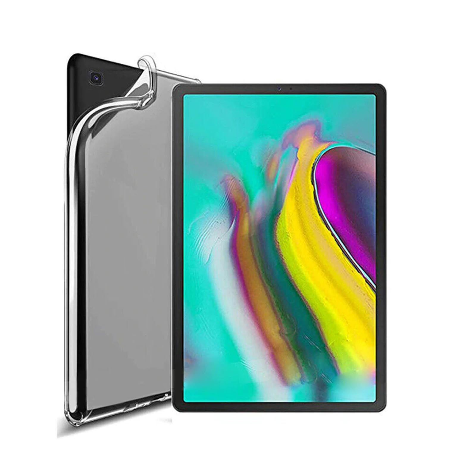 Tablet in klarer Hülle, neben der Hülle. Tablet hat farbenfrohen Bildschirm und schwarze Ränder.