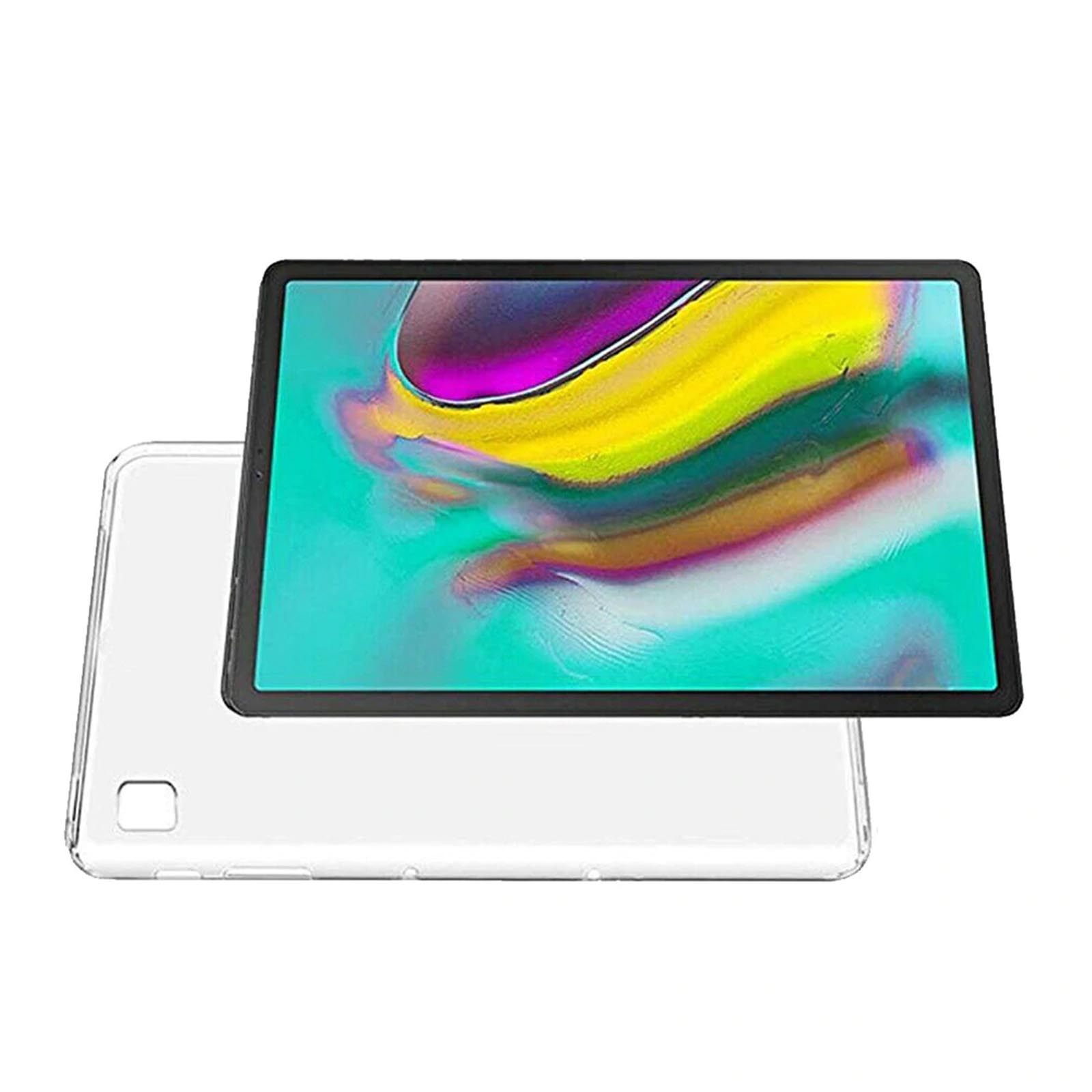 Tablet mit farbenfrohem Bildschirm in einer transparenten Schutzhülle.