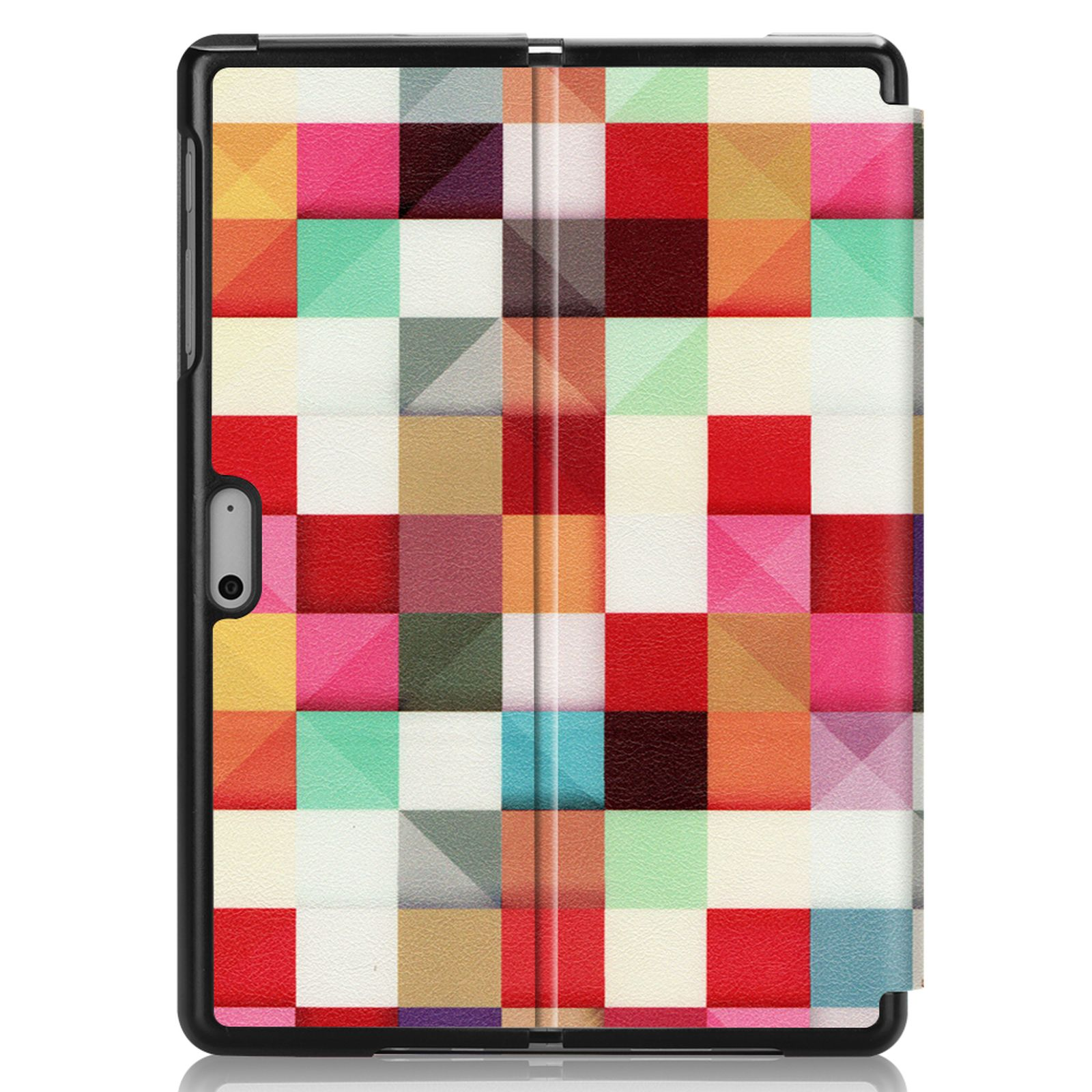 Tablet mit bunter geometrischer Musterhülle. Die Hülle ist geschlossen und zeigt ein Gitter.