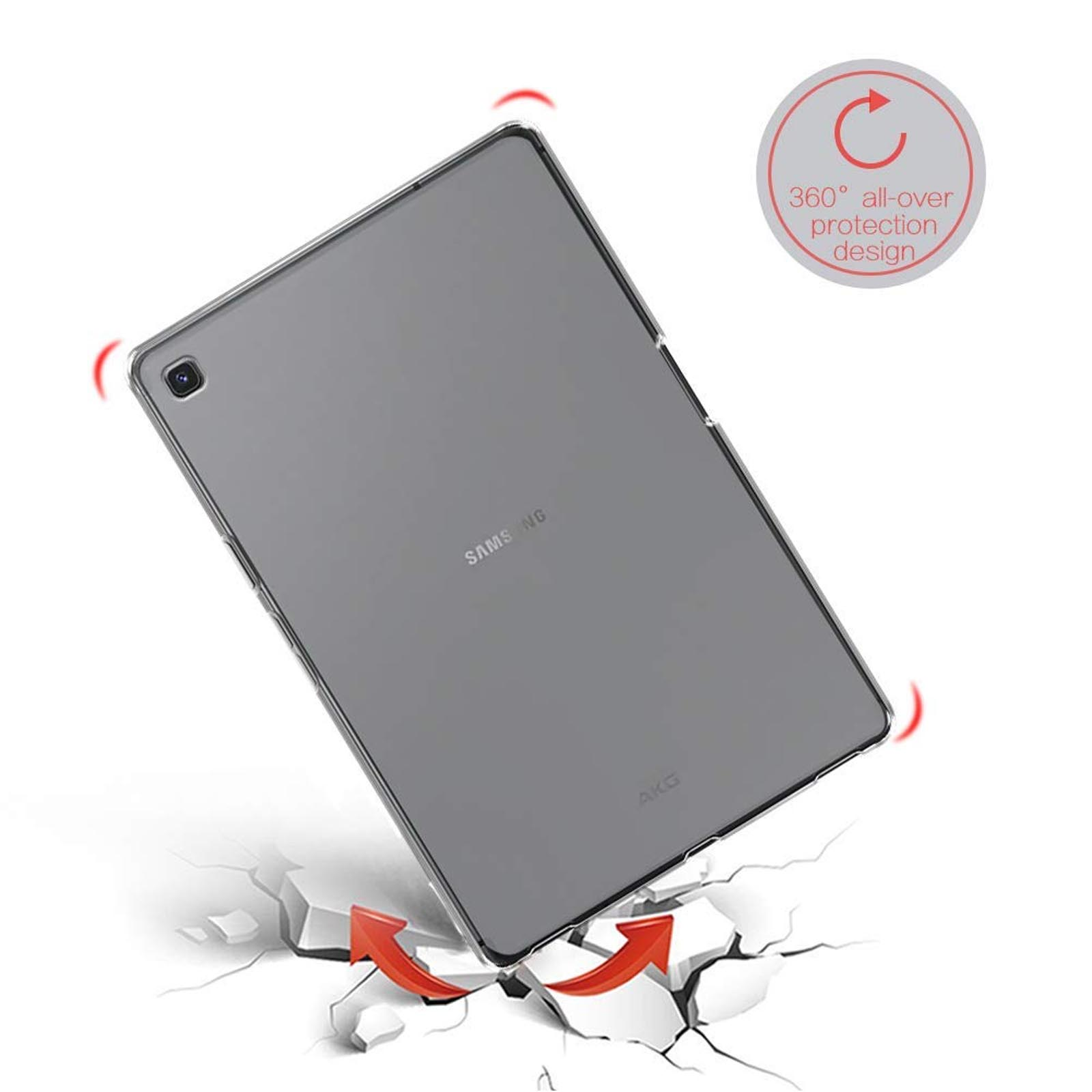 Transparente Tablet-Hülle auf zerbrochener Oberfläche. Pfeile zeigen 360°-Schutz um das Tablet an.
