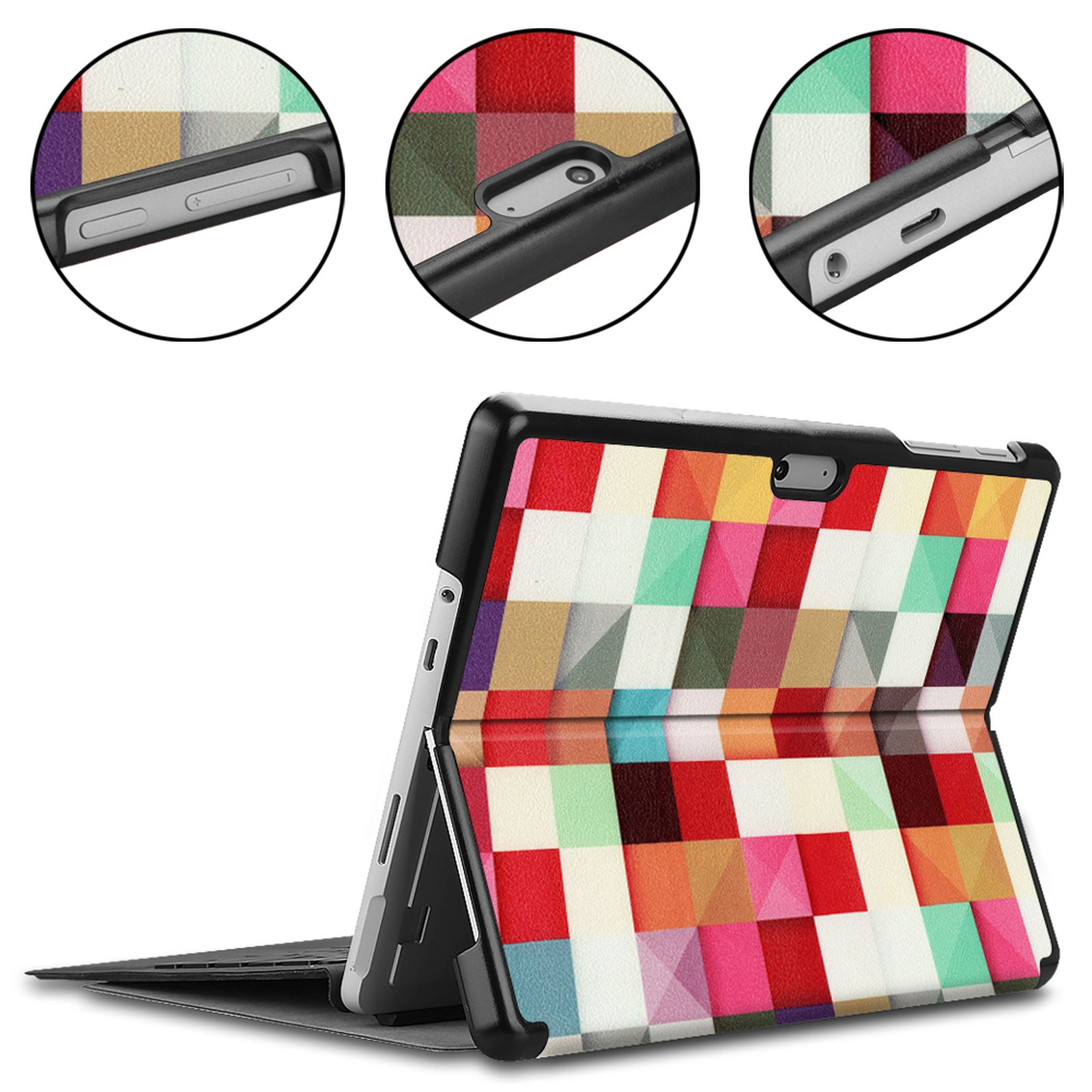 Tablet in Hülle, mit farbenfrohem, geometrischem Design. Drei Kreise zeigen Details der Hülle.