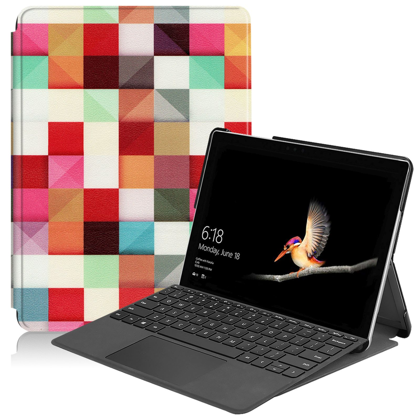 Tablet mit Tastatur und bunter Hülle.
