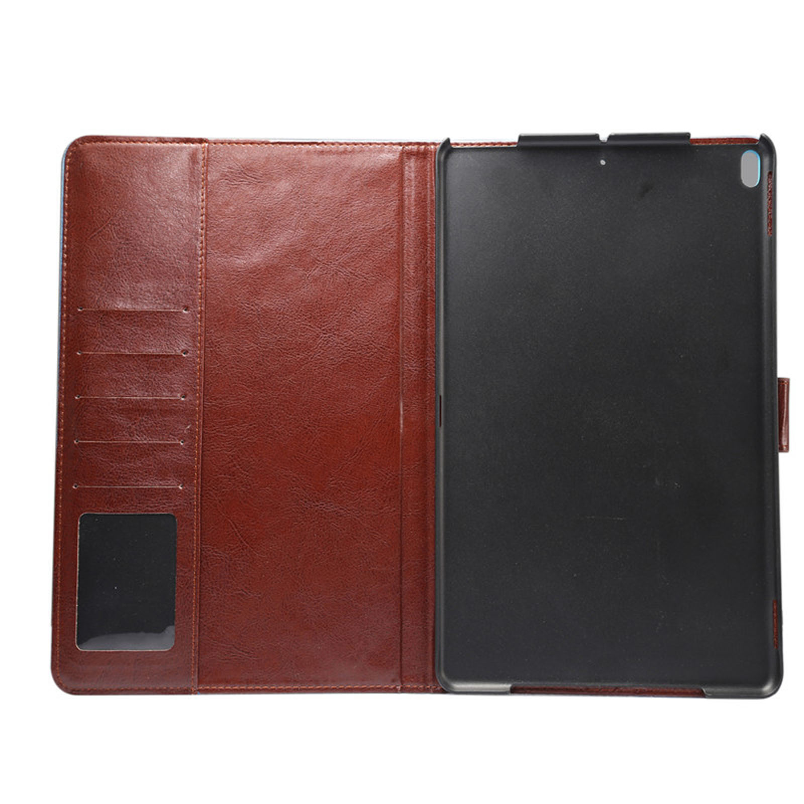 Offene braune Tablet-Hülle aus Leder. Sie hat Kartenfächer und einen schwarzen Tablethalter.