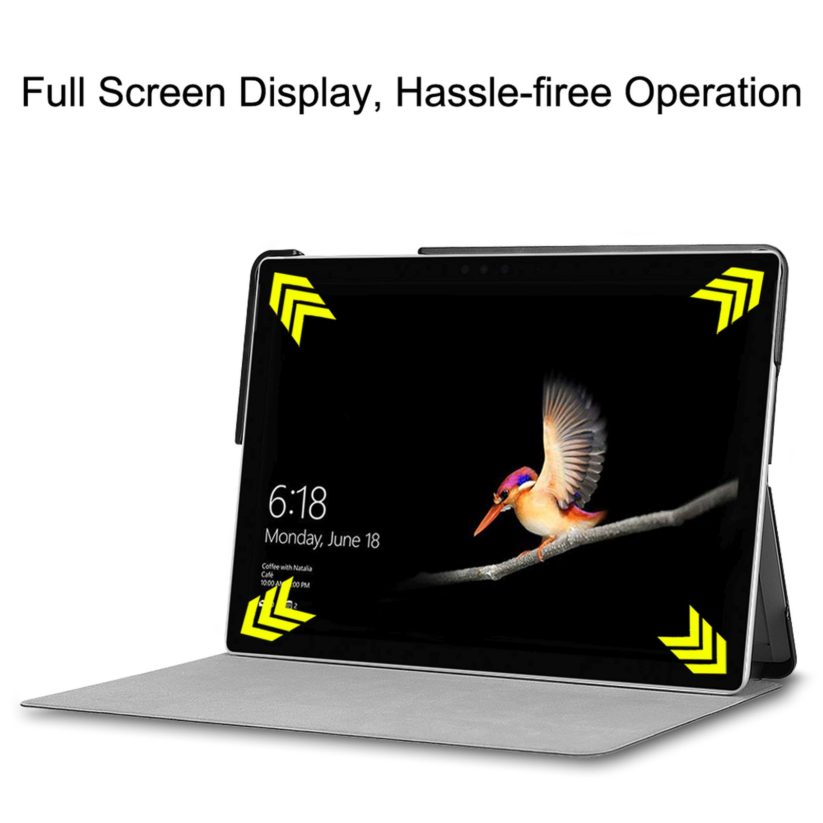 Ein Tablet mit farbenfrohem Bildschirm in einem schwarzen Gehäuse.