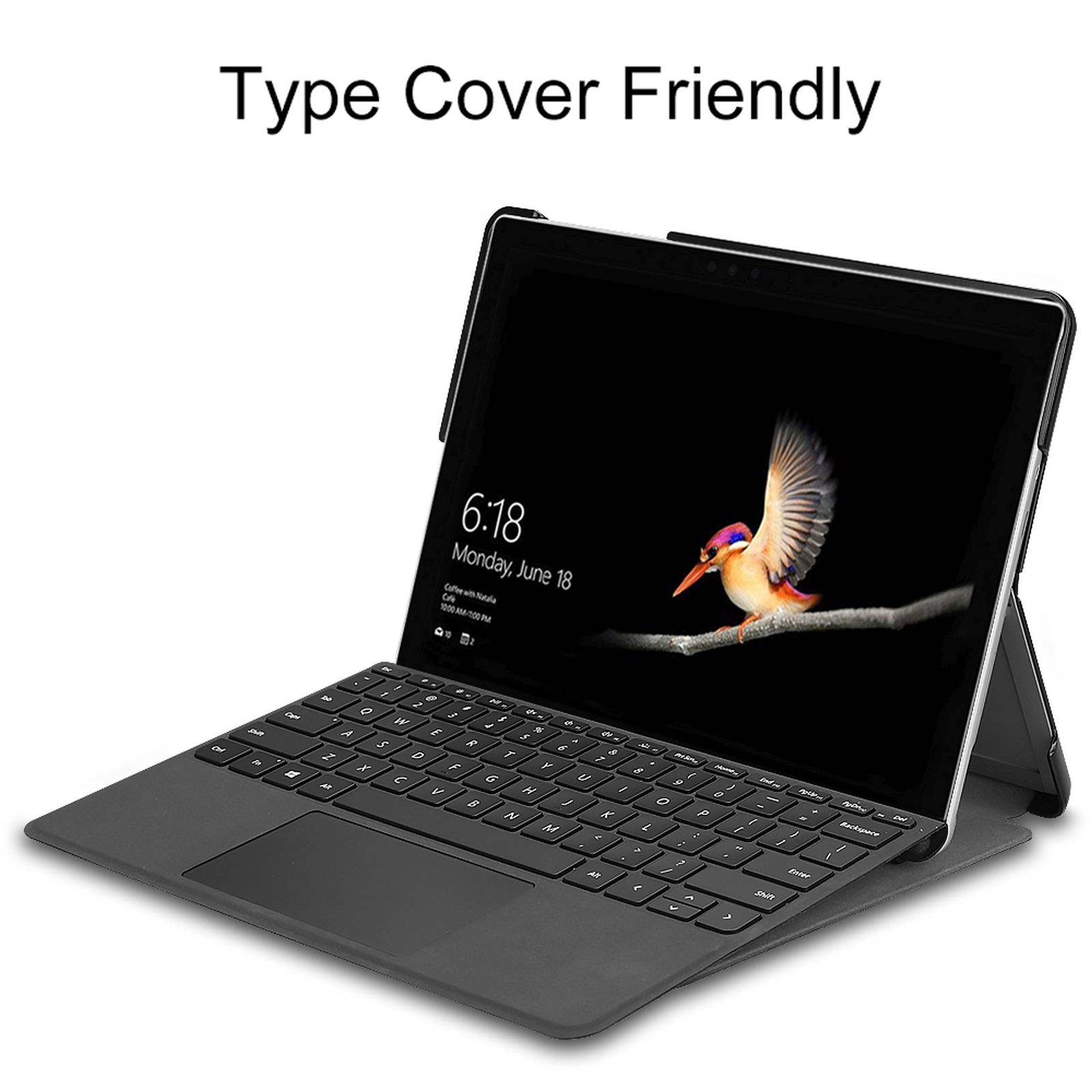 Laptop mit Tastatur und Bildschirm, der Zeit und ein Vogelbild anzeigt, auf einer dunkelgrauen Hülle.