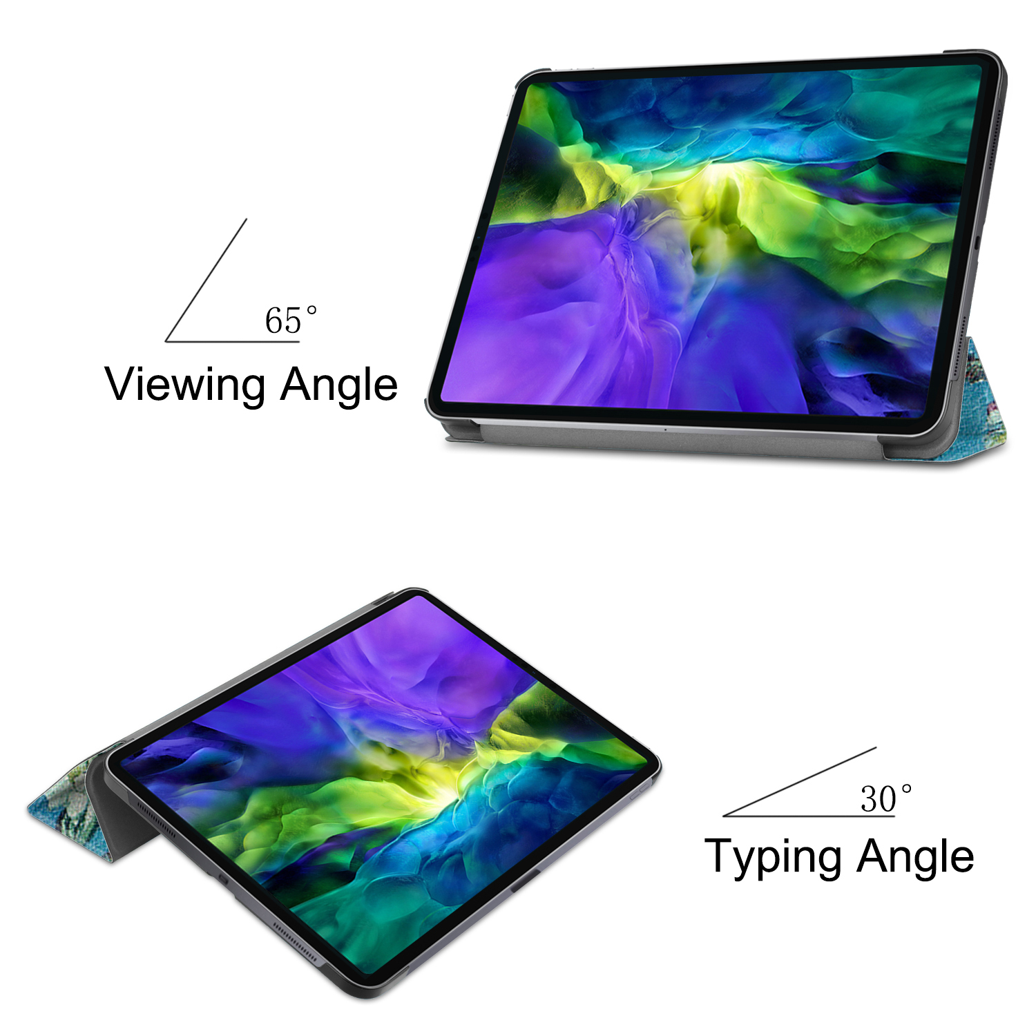 Zwei Bilder eines Tablets in einer Hülle, die einen Betrachtungswinkel von 65° und einen Schreibwinkel von 30° zeigen.
