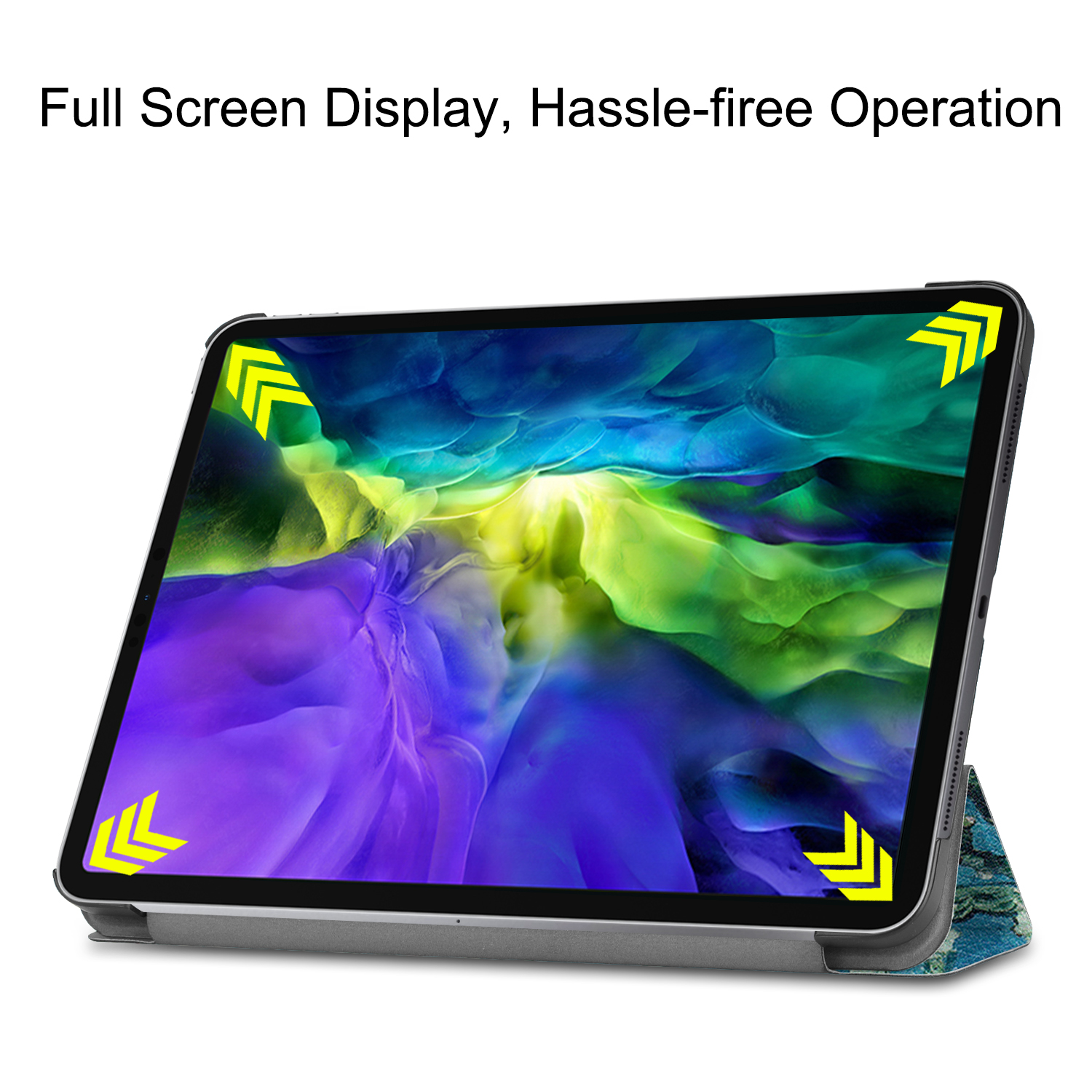 Tablet mit Pfeilen, die auf die Ecken zeigen, zeigt eine Vollbildanzeige und einfache Bedienung.