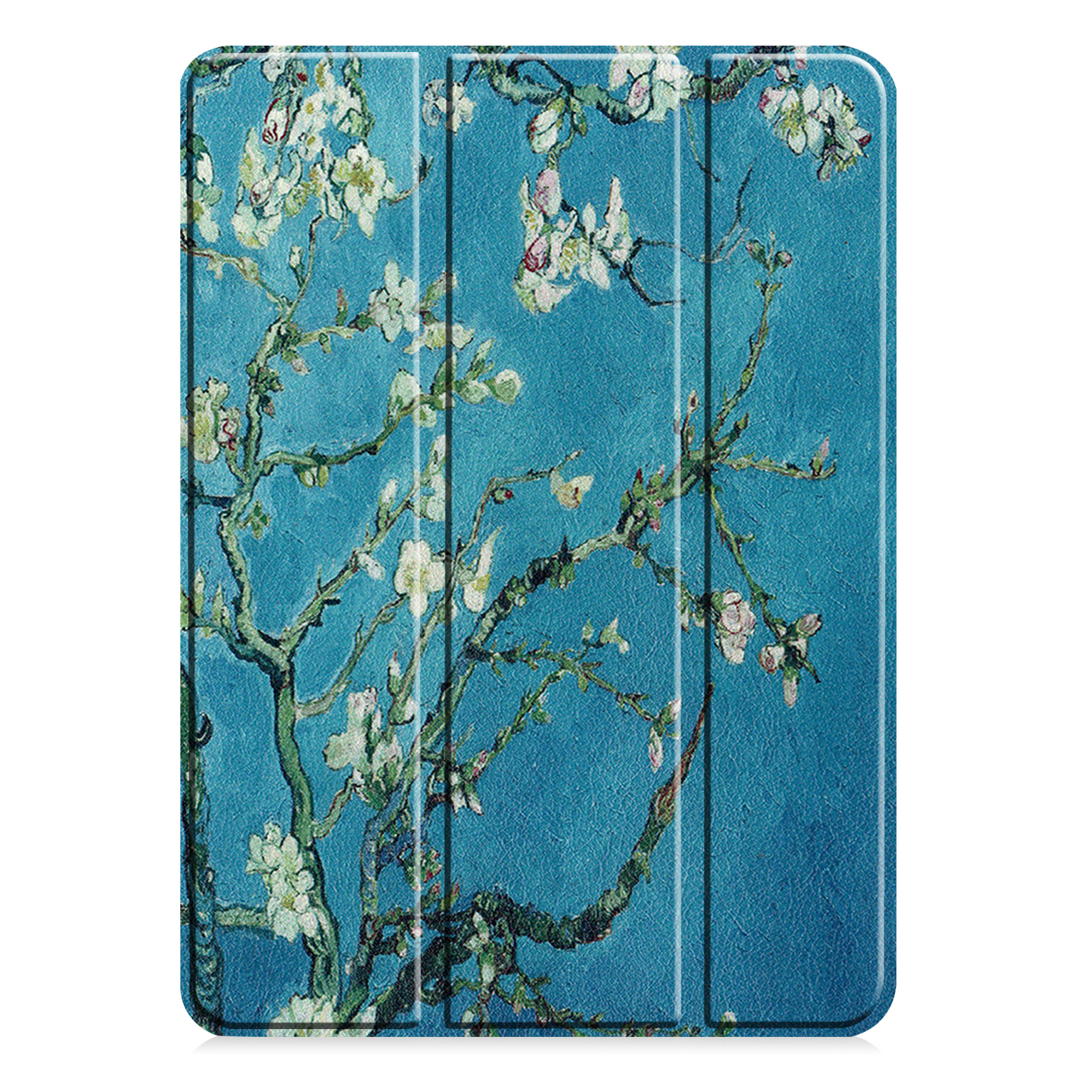 Eine iPad-Hülle mit Van Goghs Mandelblüten-Gemälde auf blauem, strukturiertem Hintergrund.