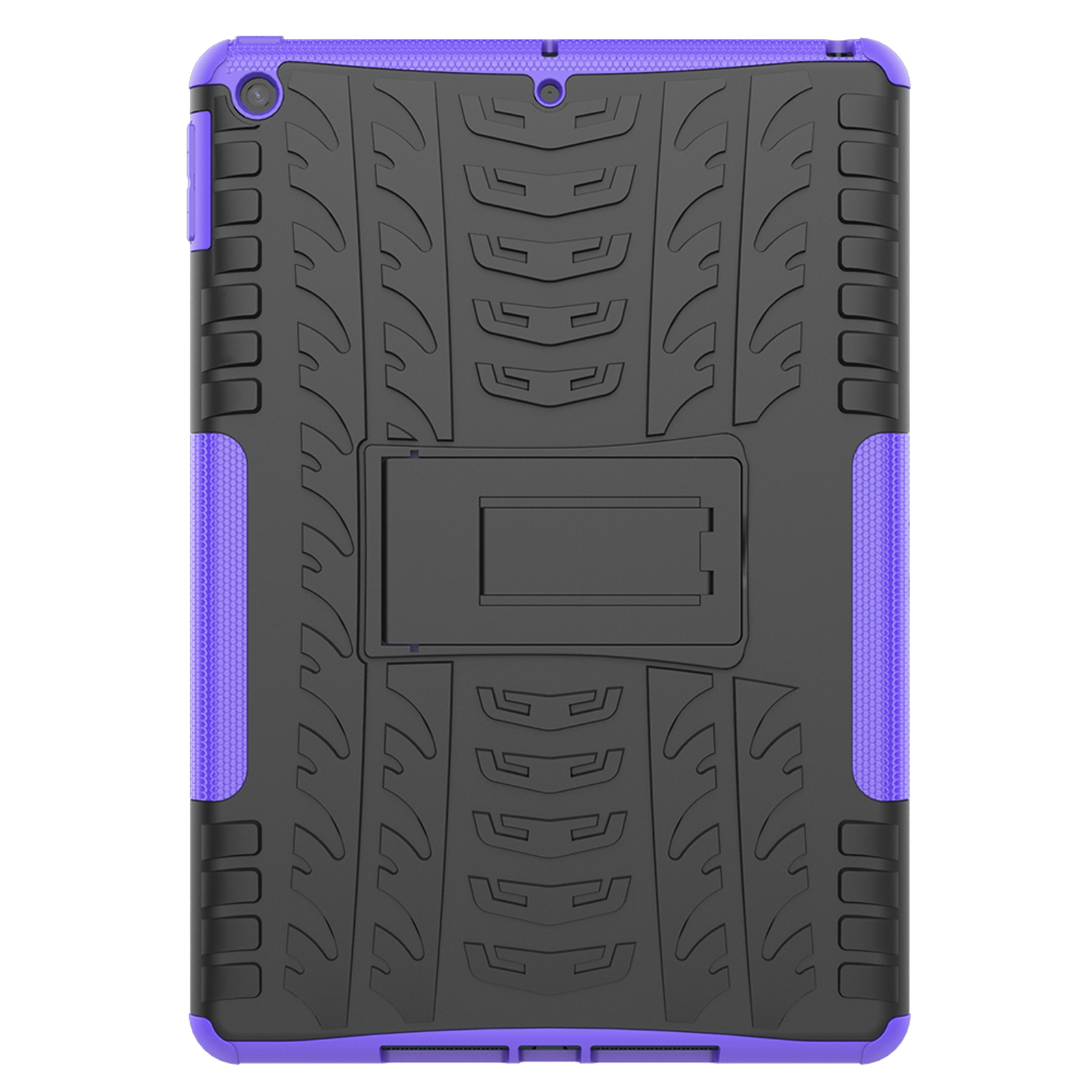 Lila-schwarze Tablet-Hülle mit Ständer. Es hat ein robustes Design mit erhöhten Kanten und einem Ständer.