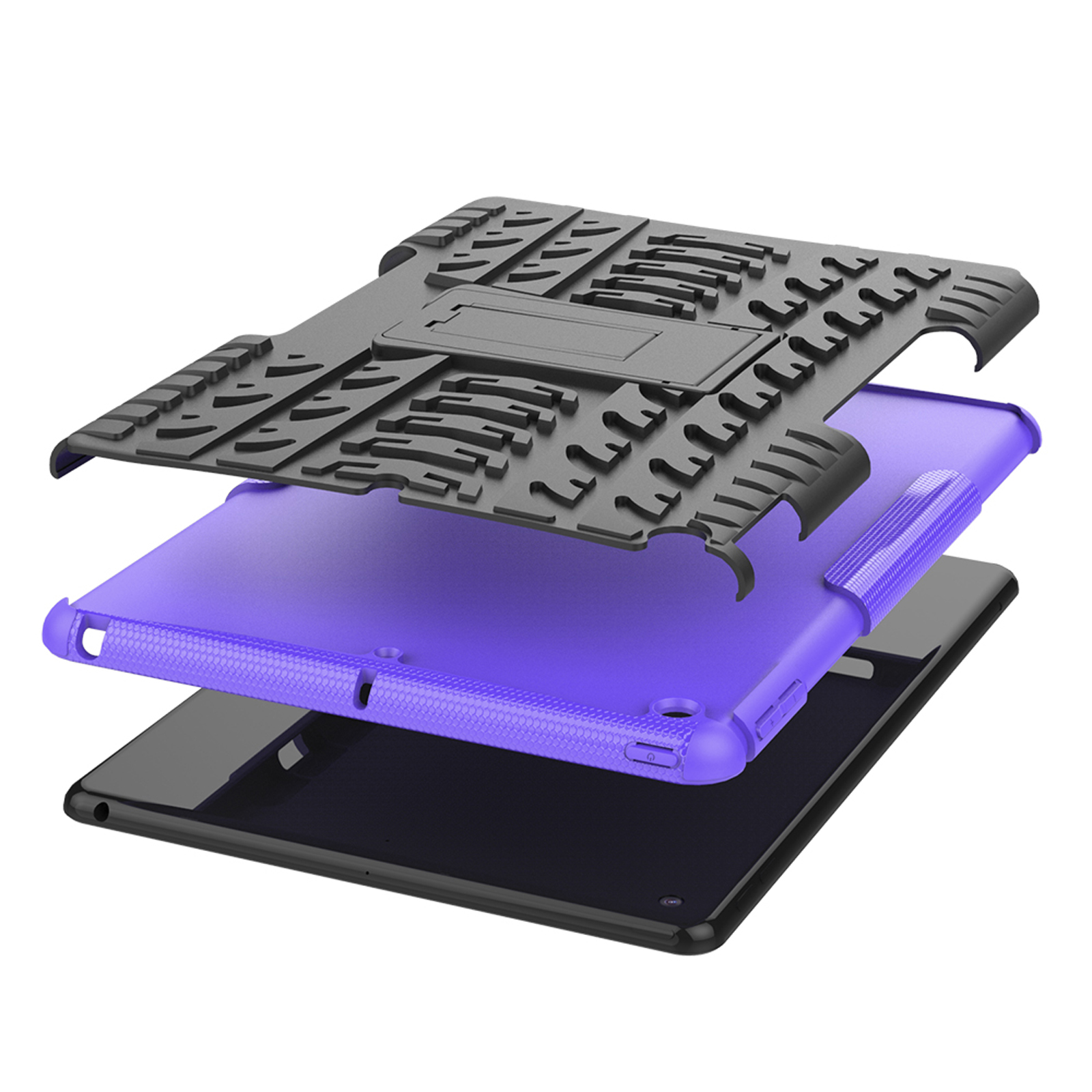 Tablet-Hüllenteile, schwarz, lila und schwarze Schichten mit Ständer.